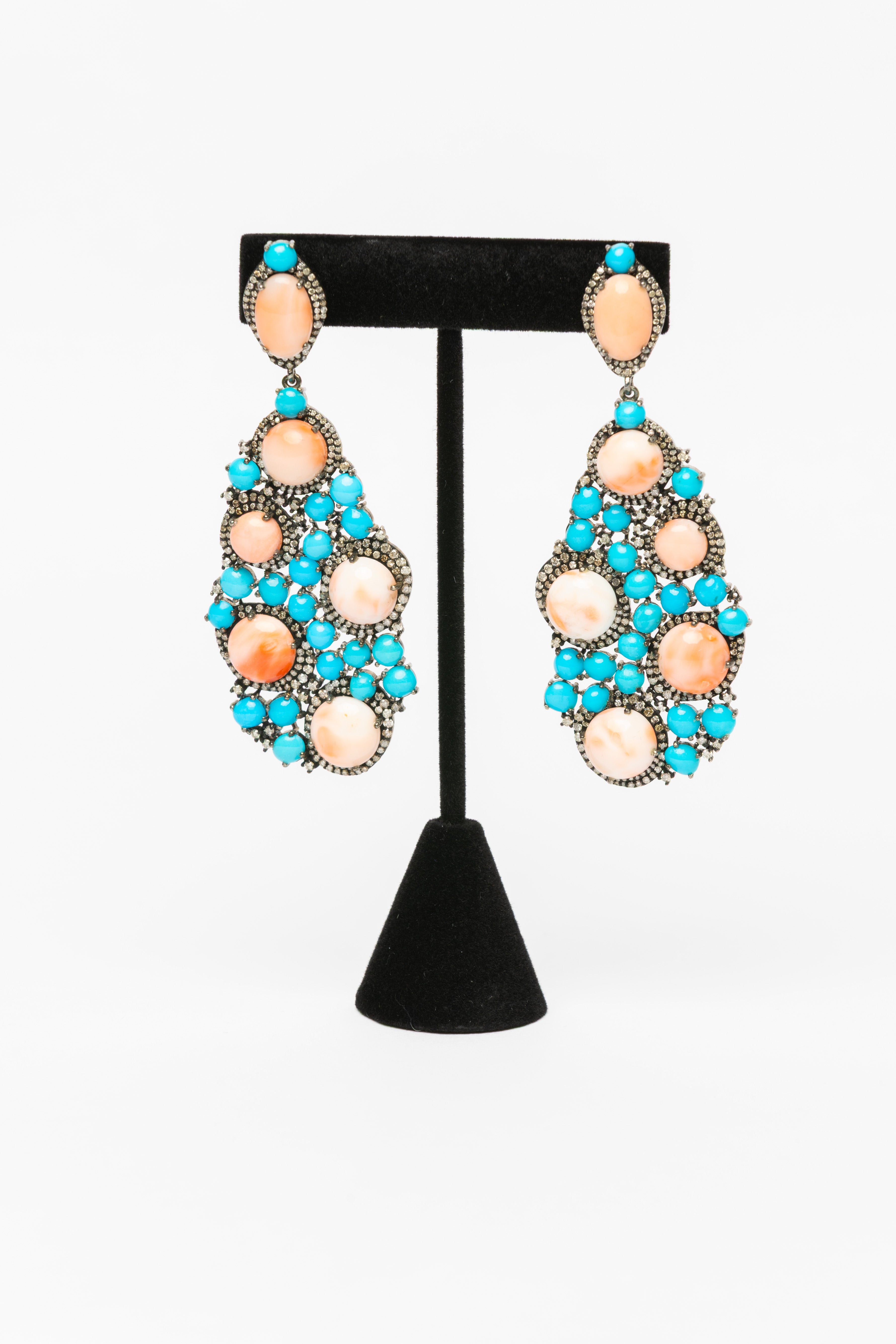 Turquoise , Coral and Diamond Earrings