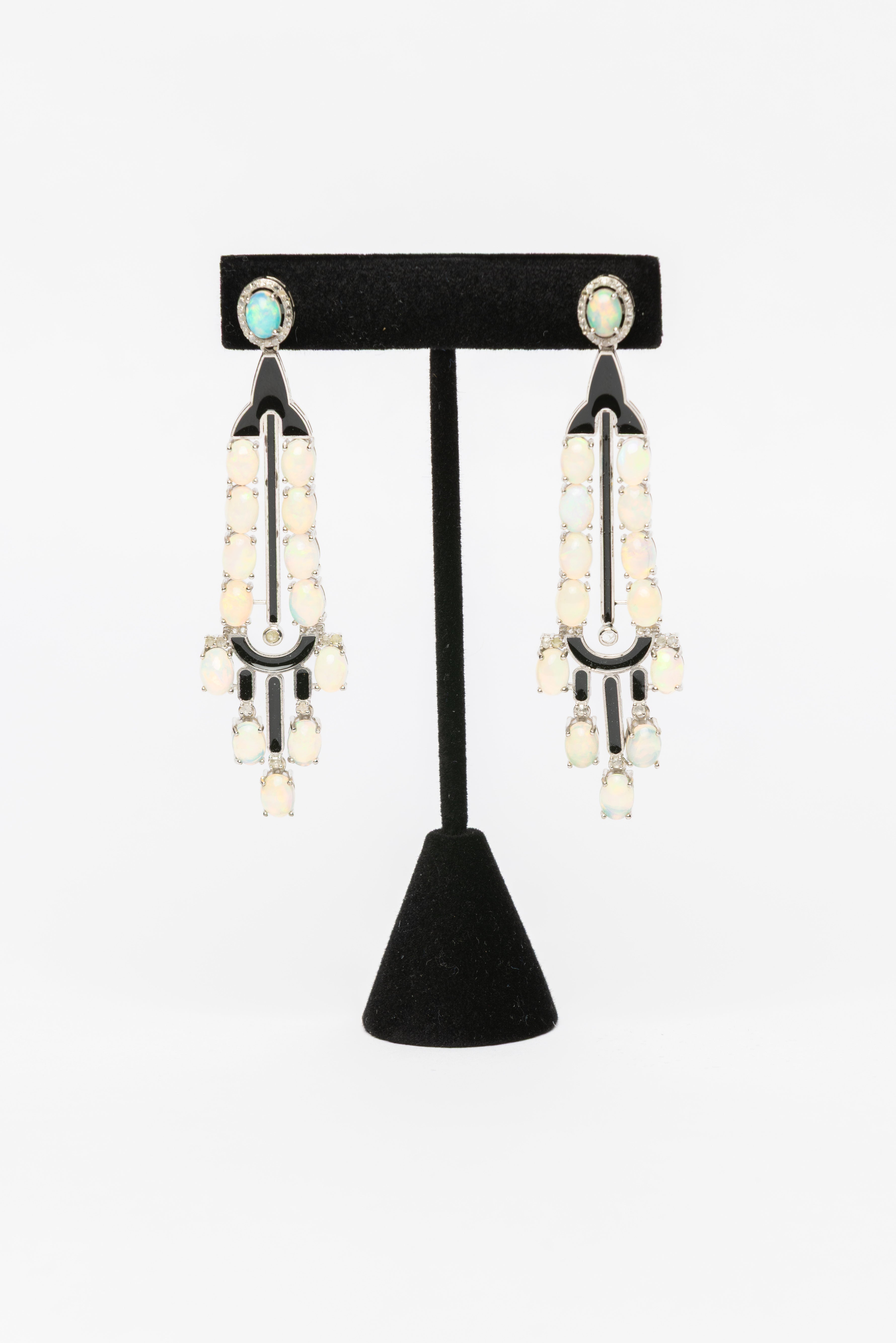 Opal, Diamond, Black Onyx Earrings