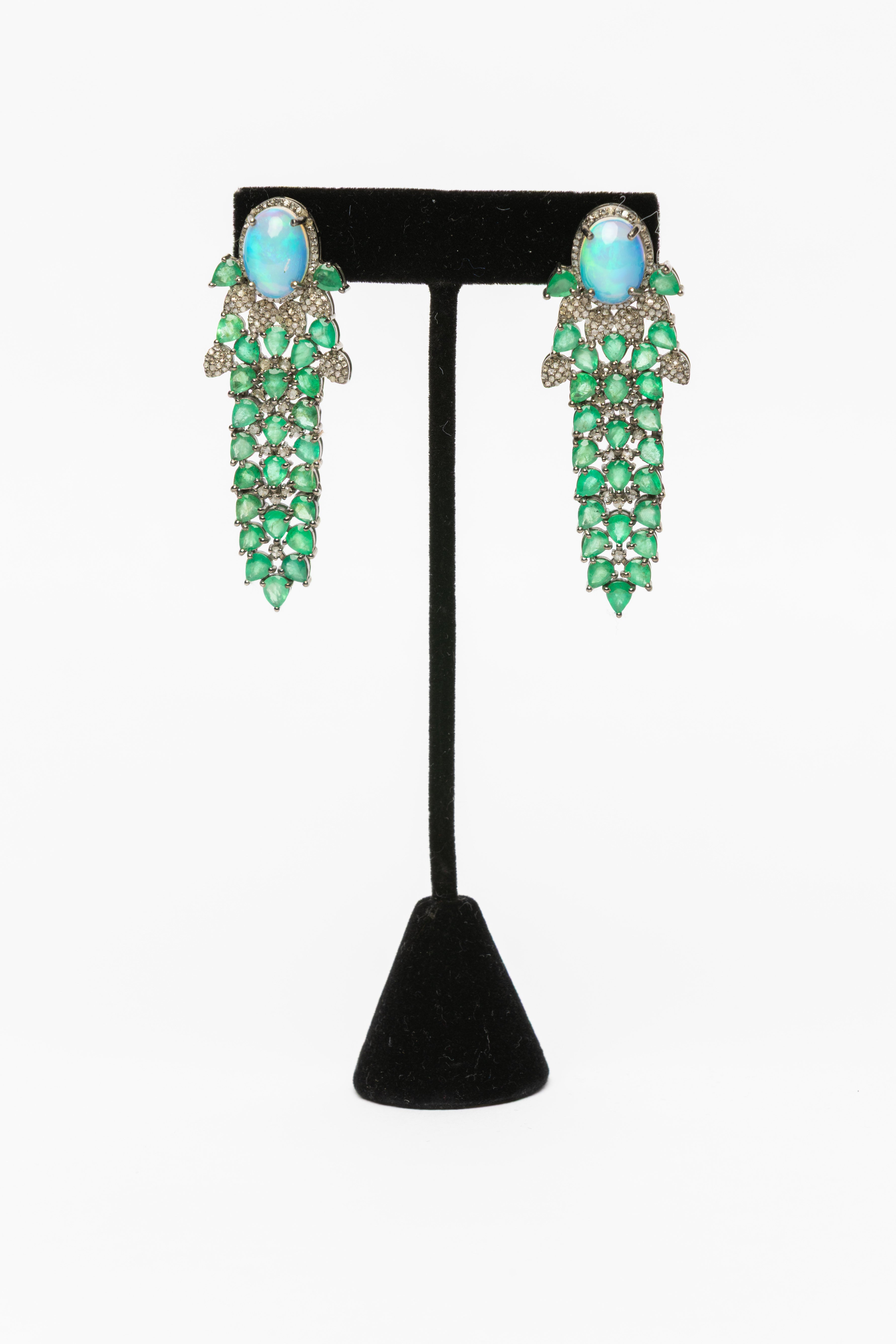 Emerald, Opal , Diamond Earrings