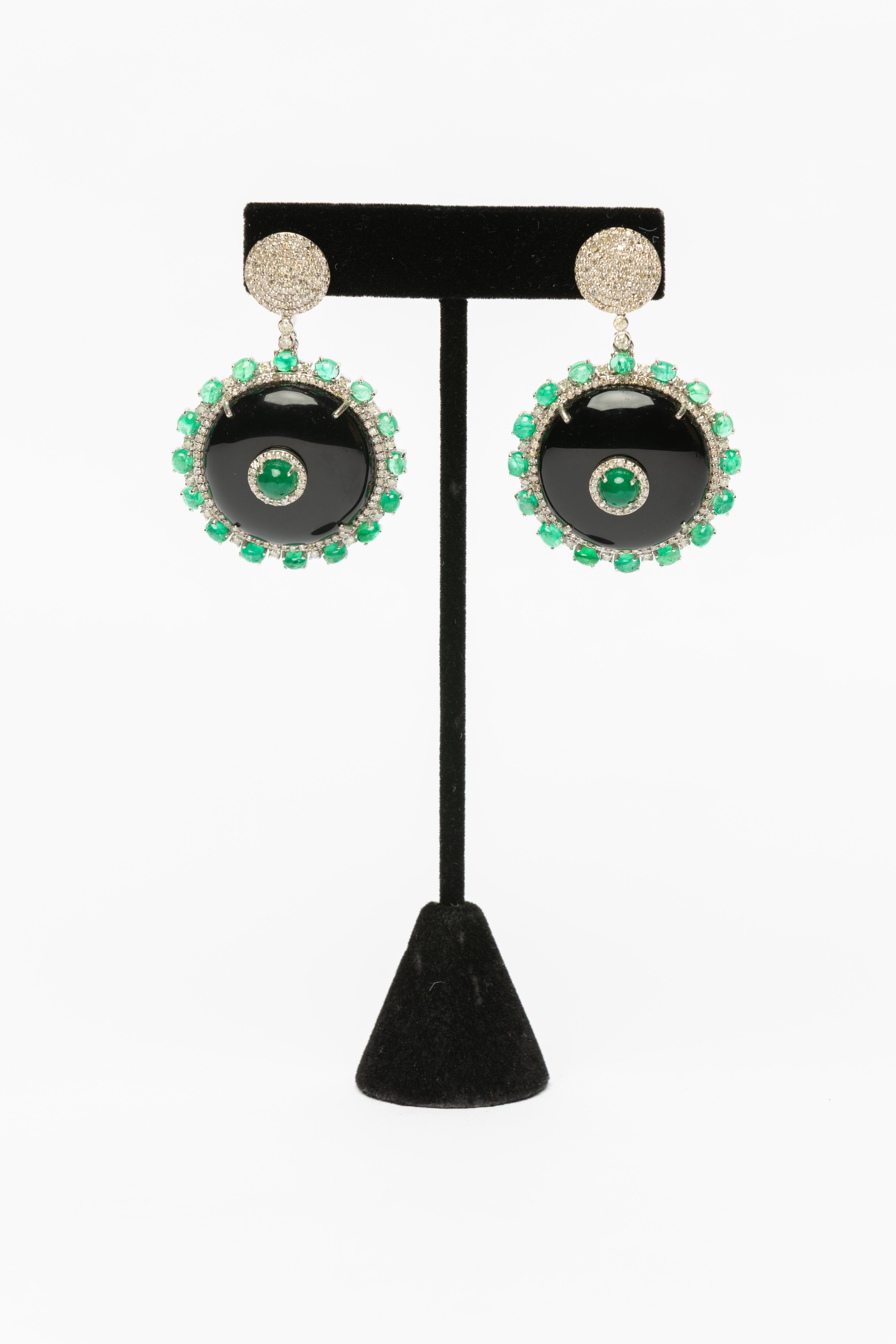 Emerald , Black Onyx , Diamond Earrings