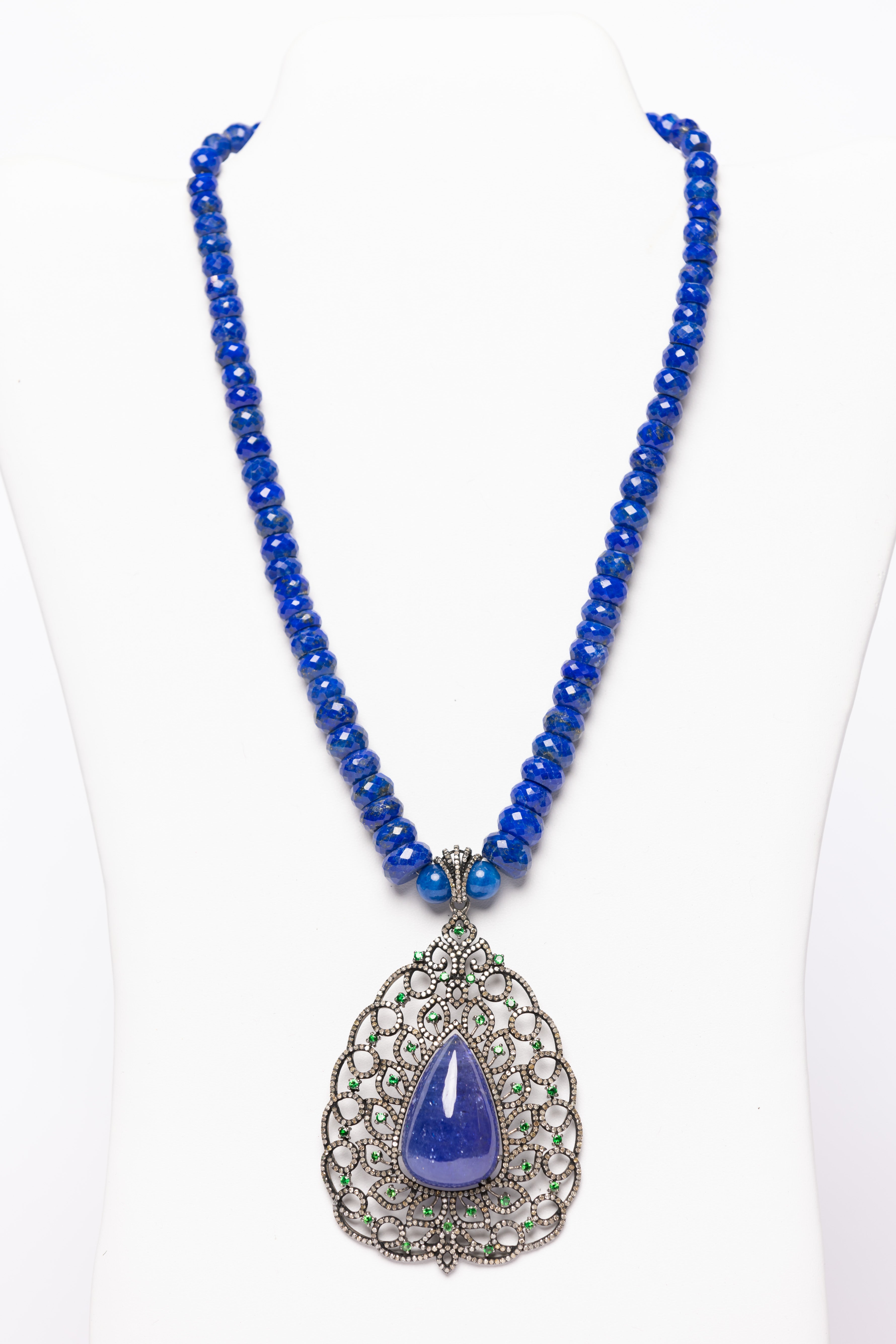 Pave Diamond, Tanzanite, Tsavorite , Lapis Necklace