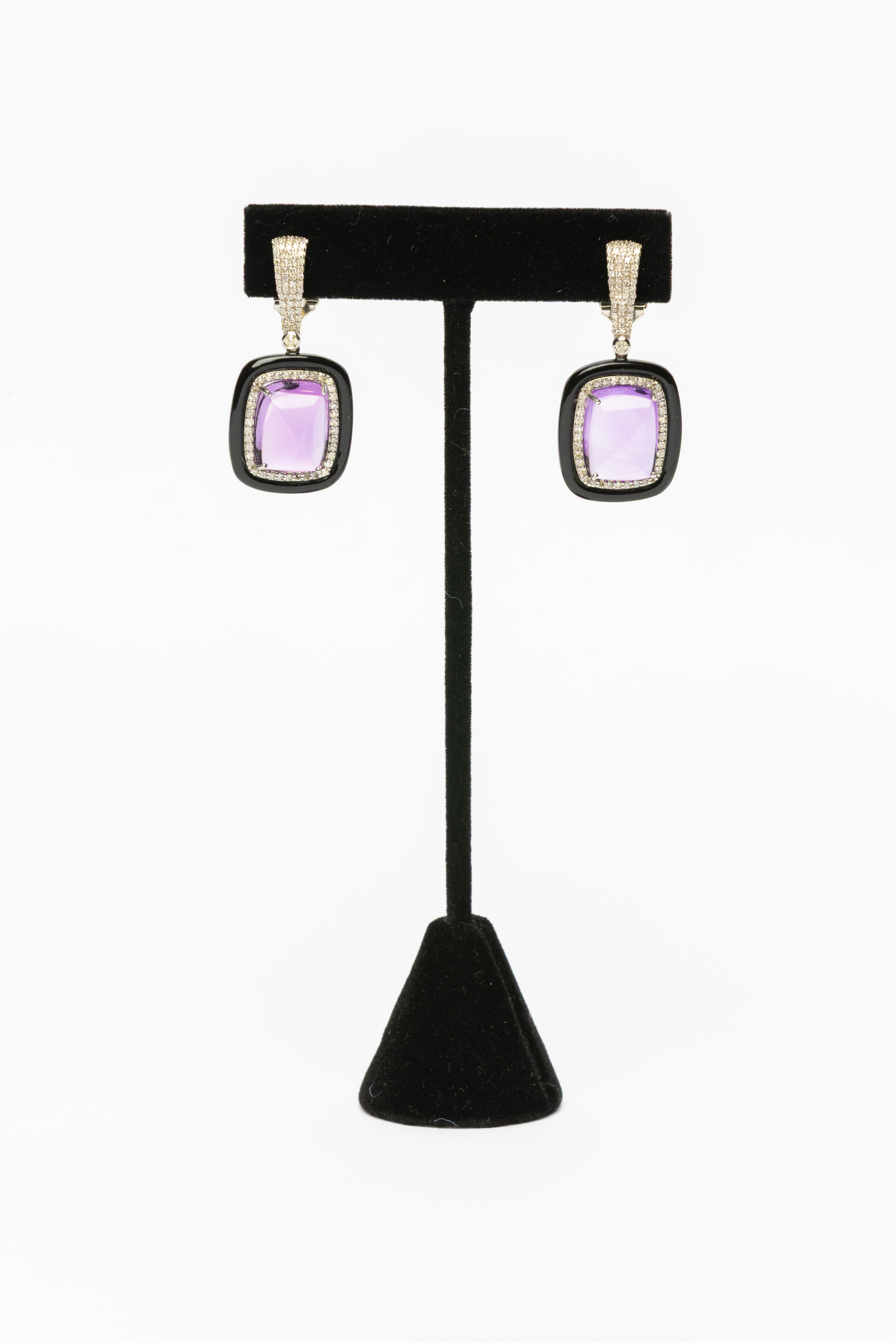 Amethyst, Diamond , Black Onyx Earrings