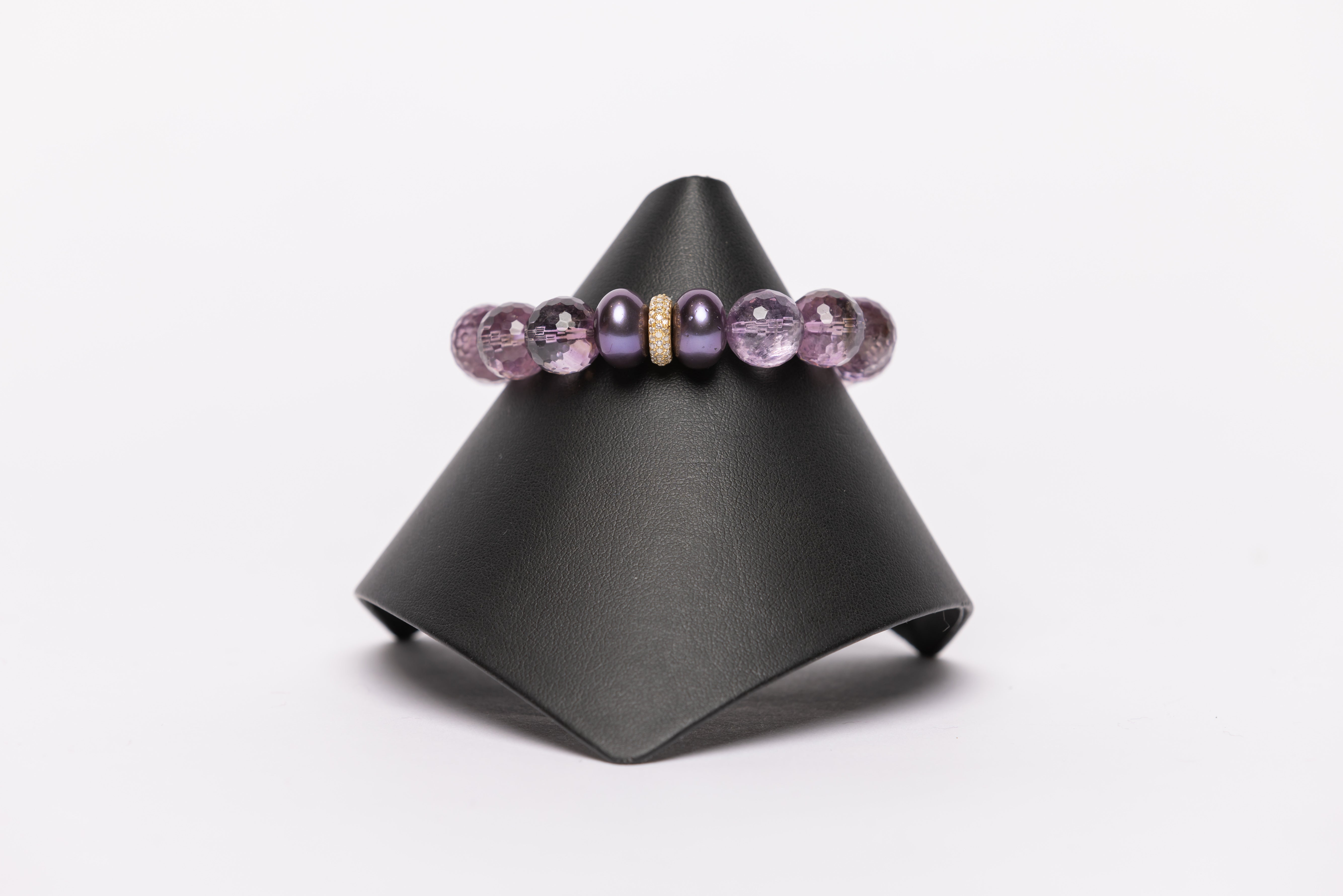 Amethyst and White Topaz Gold Rondelle Stretch Bracelet