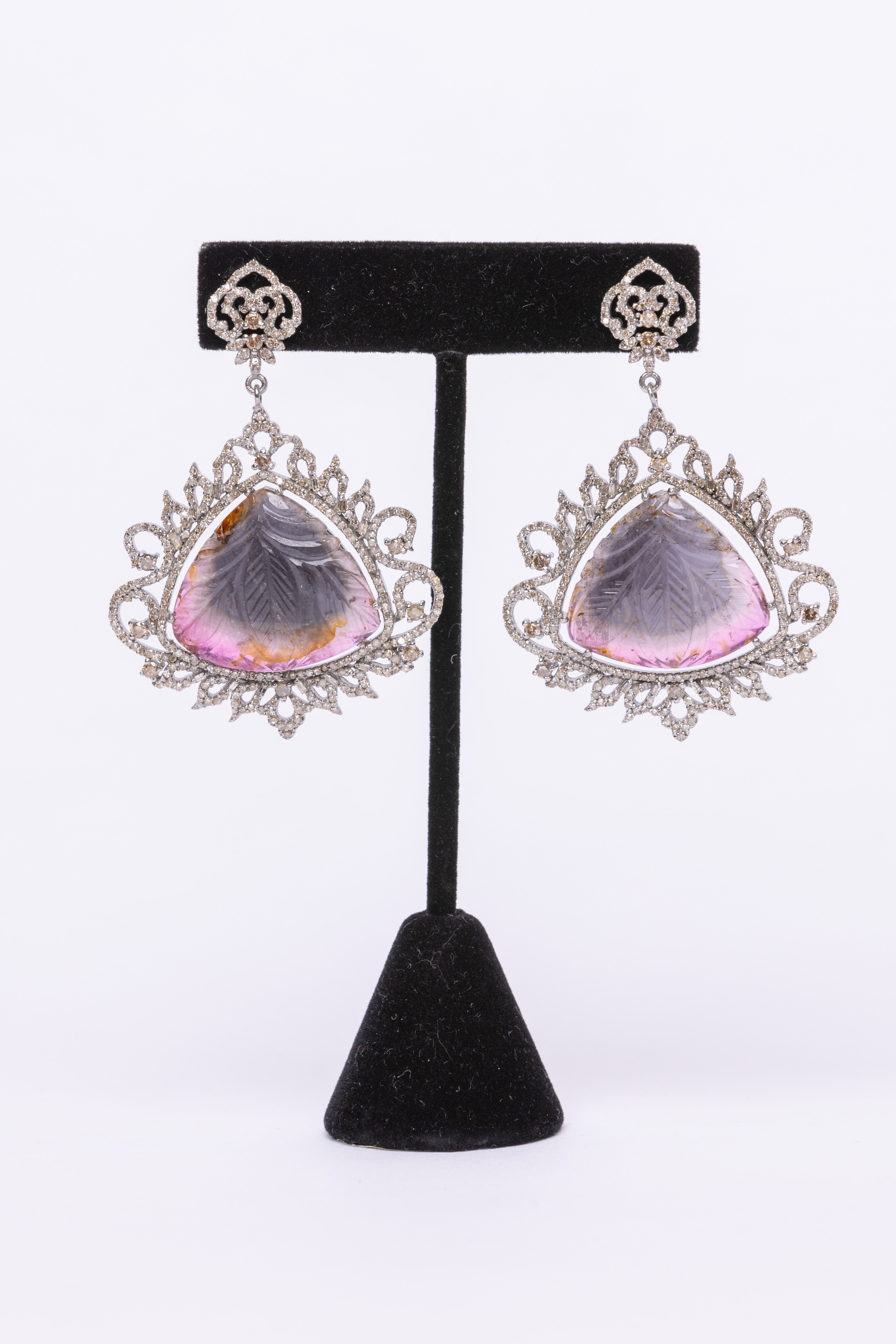 Carved Tourmaline , Diamond Earring