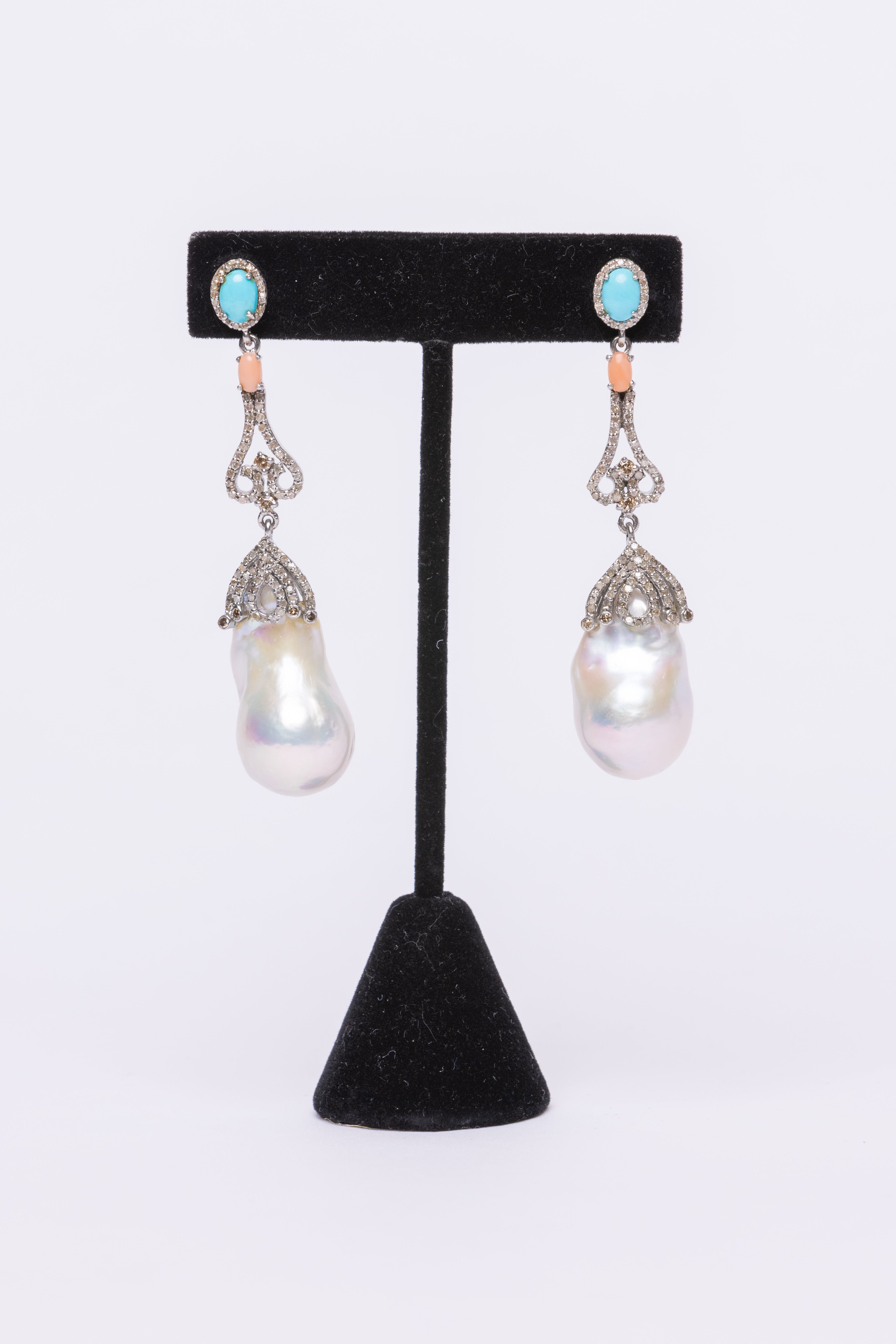 Baroque Pearl, Diamond, Turquoise, Coral Earring.