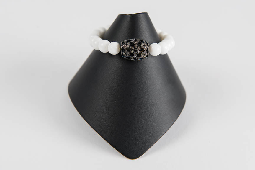 White jade with pave diamond black rhodium bead