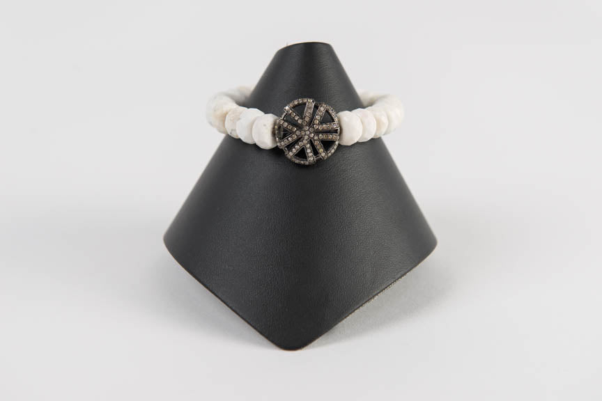 White turquoise faceted rondelle with pave diamond bead