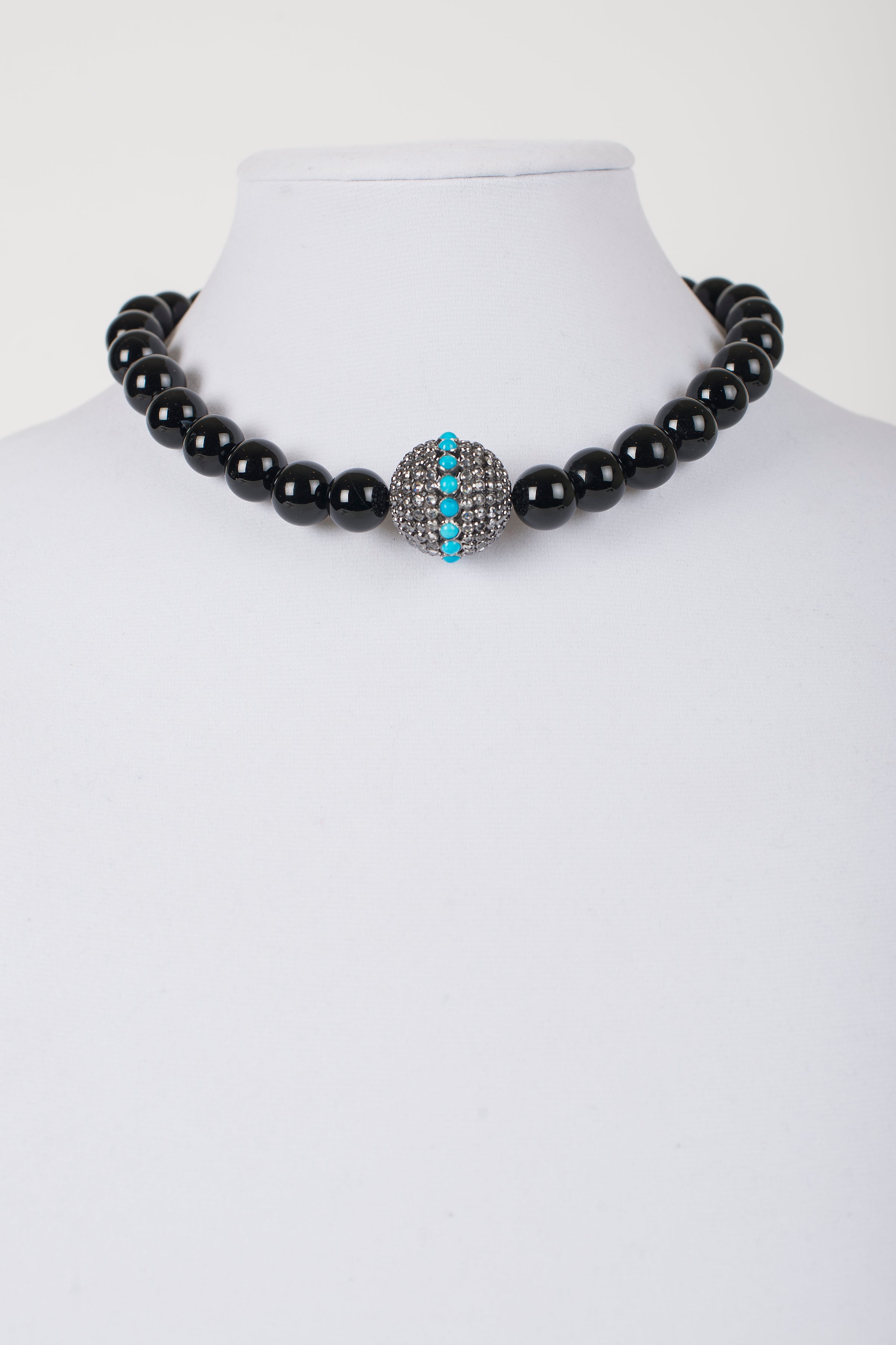 Black Onyx with Rock Crystal and Turquoise Focal Bead