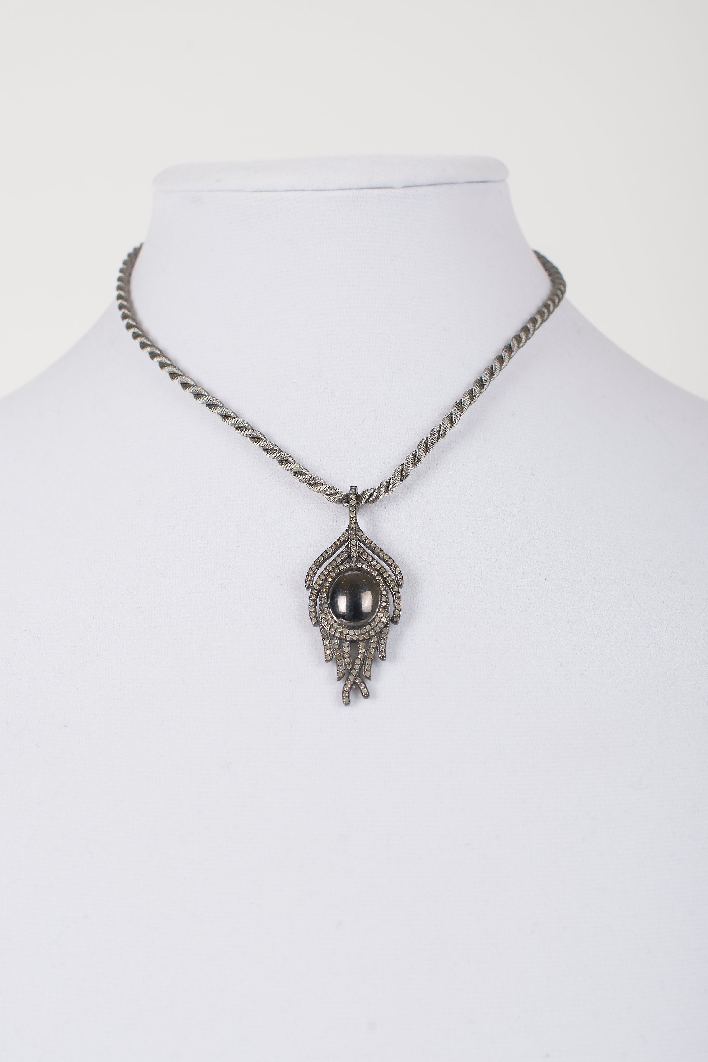 Hematite and Pave Diamond Pendant on silk cord