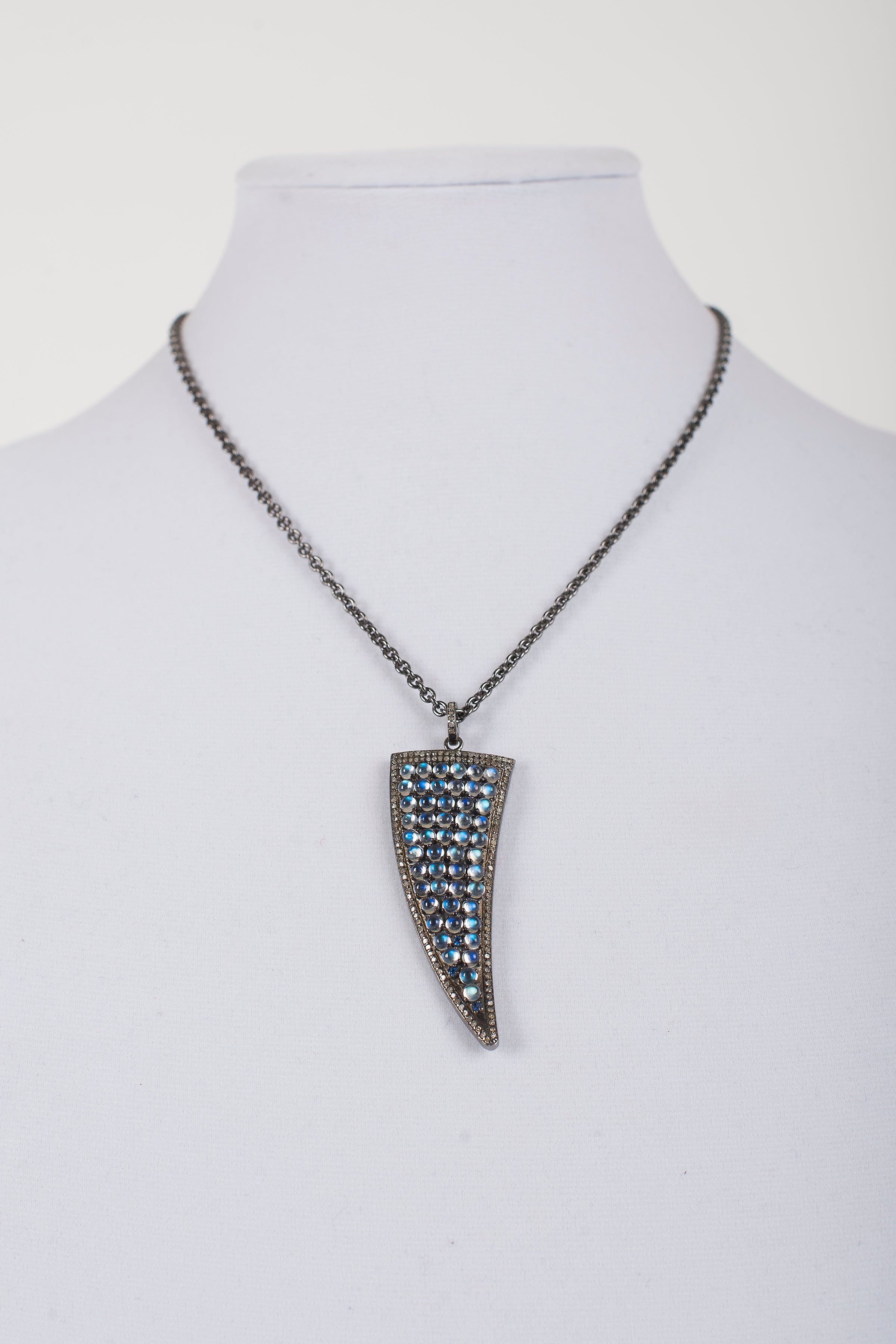 Moonstone and Pave Diamond Horn Pendant on Gunmetal Chain