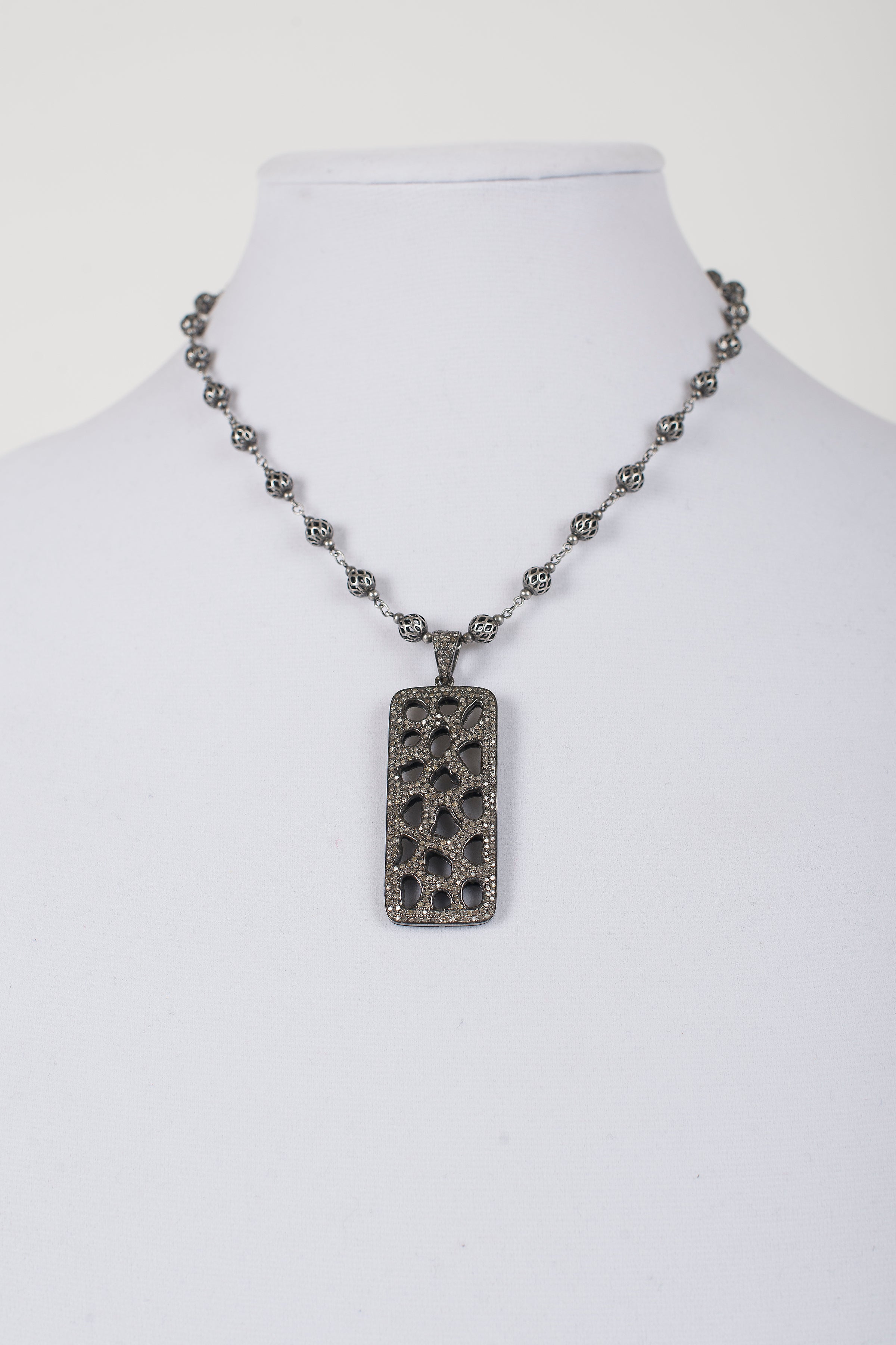 Pave Diamond Bar Pendant on Gunmetal Chain