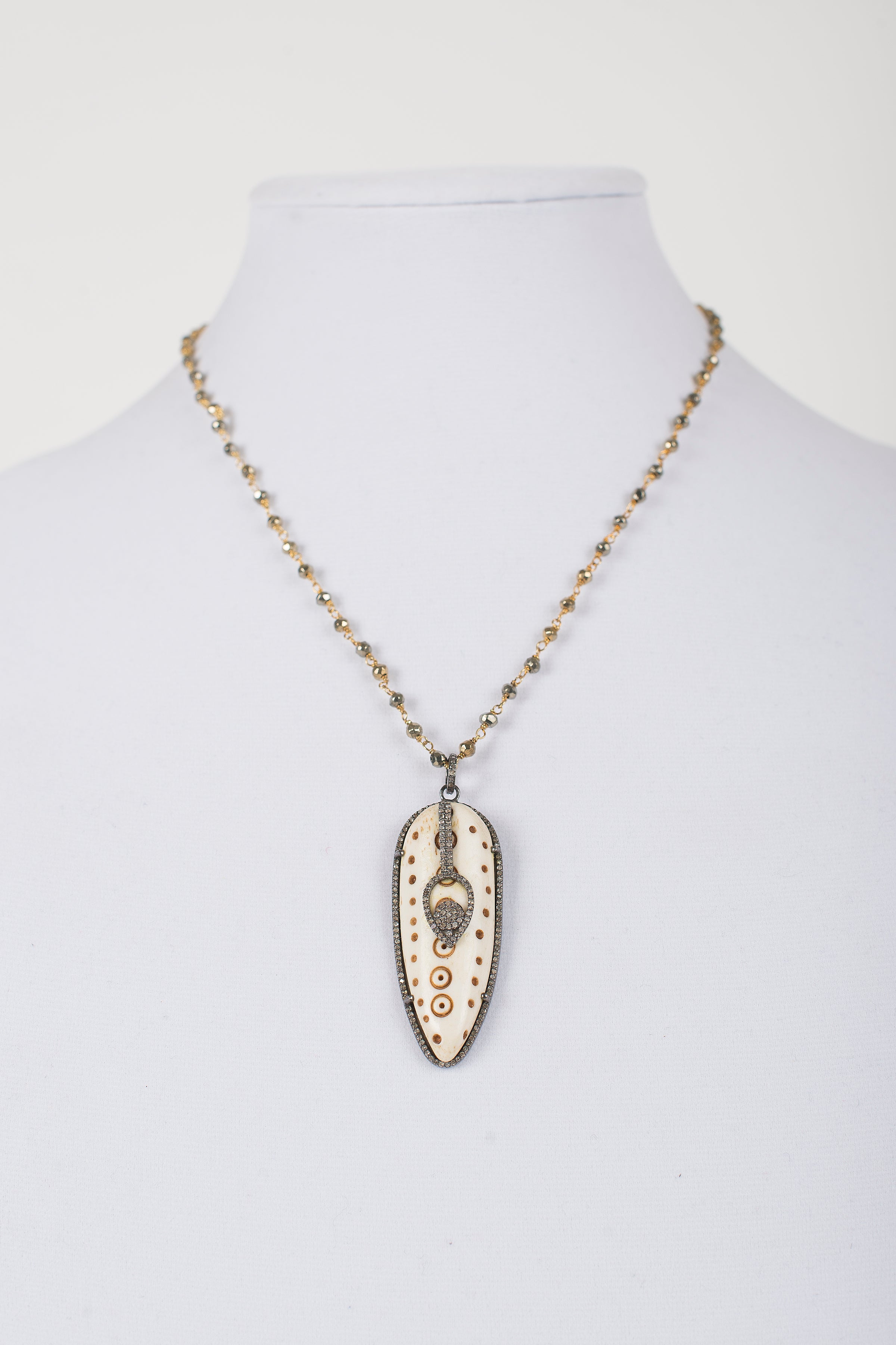 Bone and Pave Diamond Pendant on Pyrite Chain
