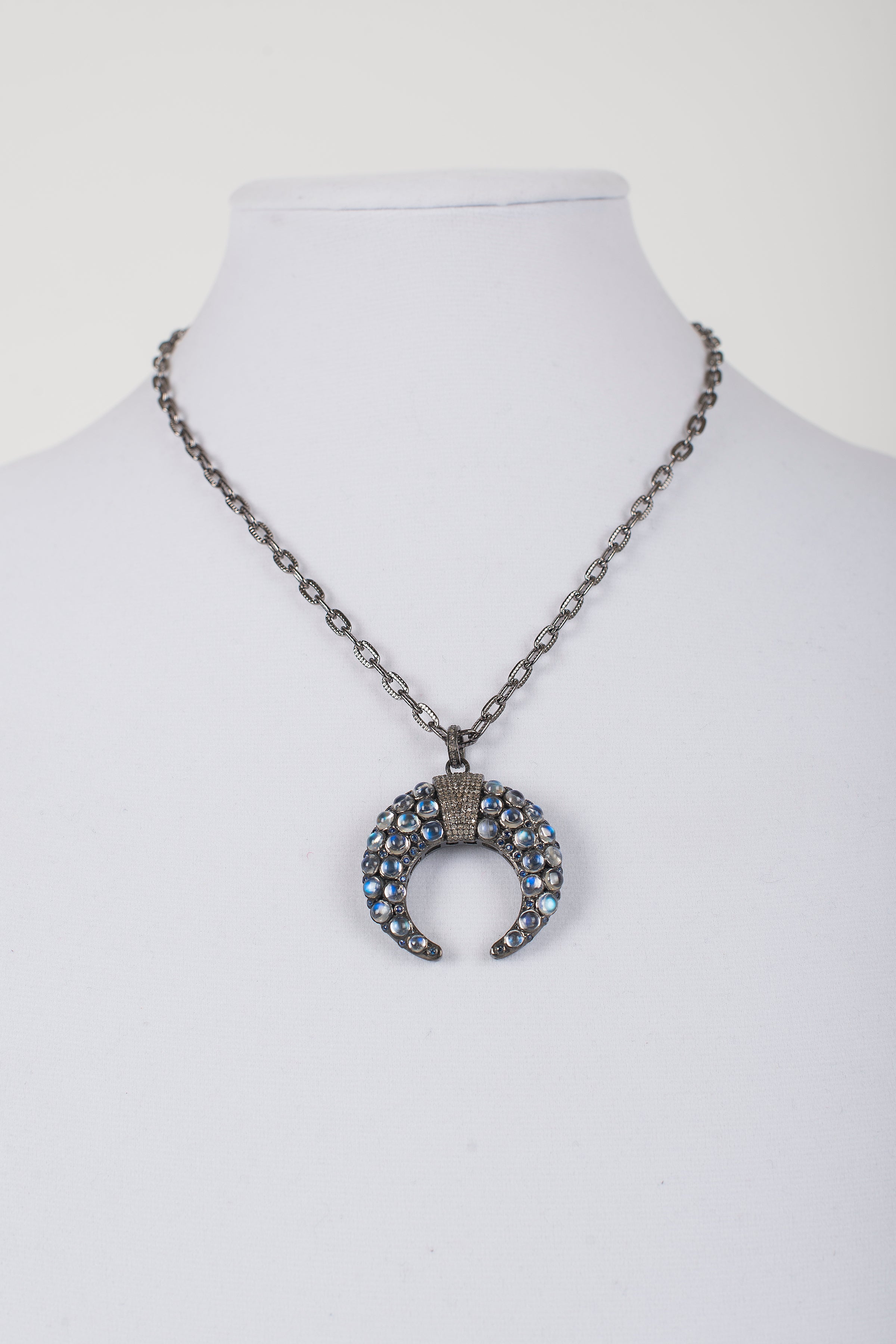 Pave Diamond and Moonstone Pendant on Gunmetal Chain
