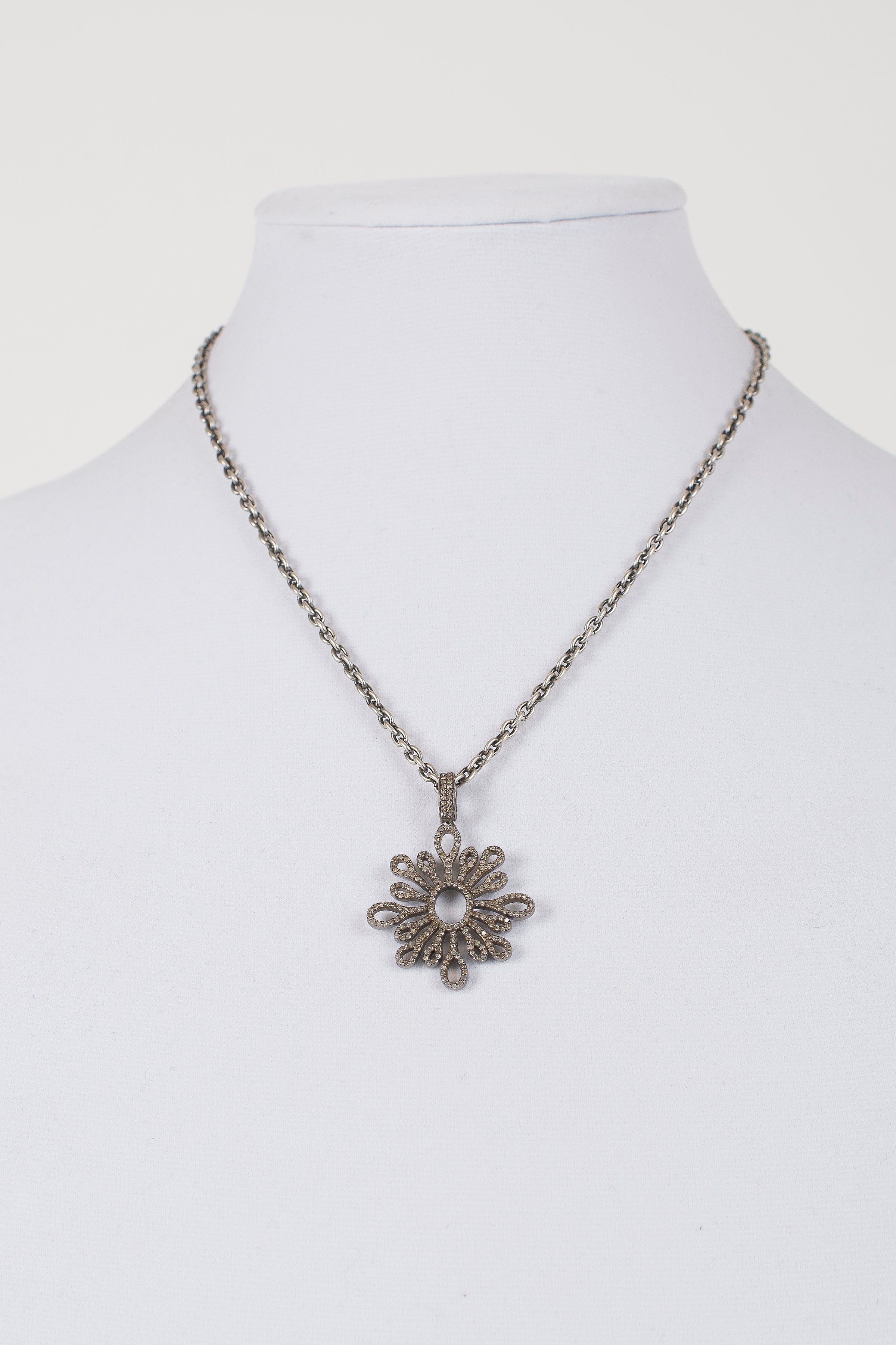 Pave Diamond Filagree Pendant on Gunmetal Brushed Chain