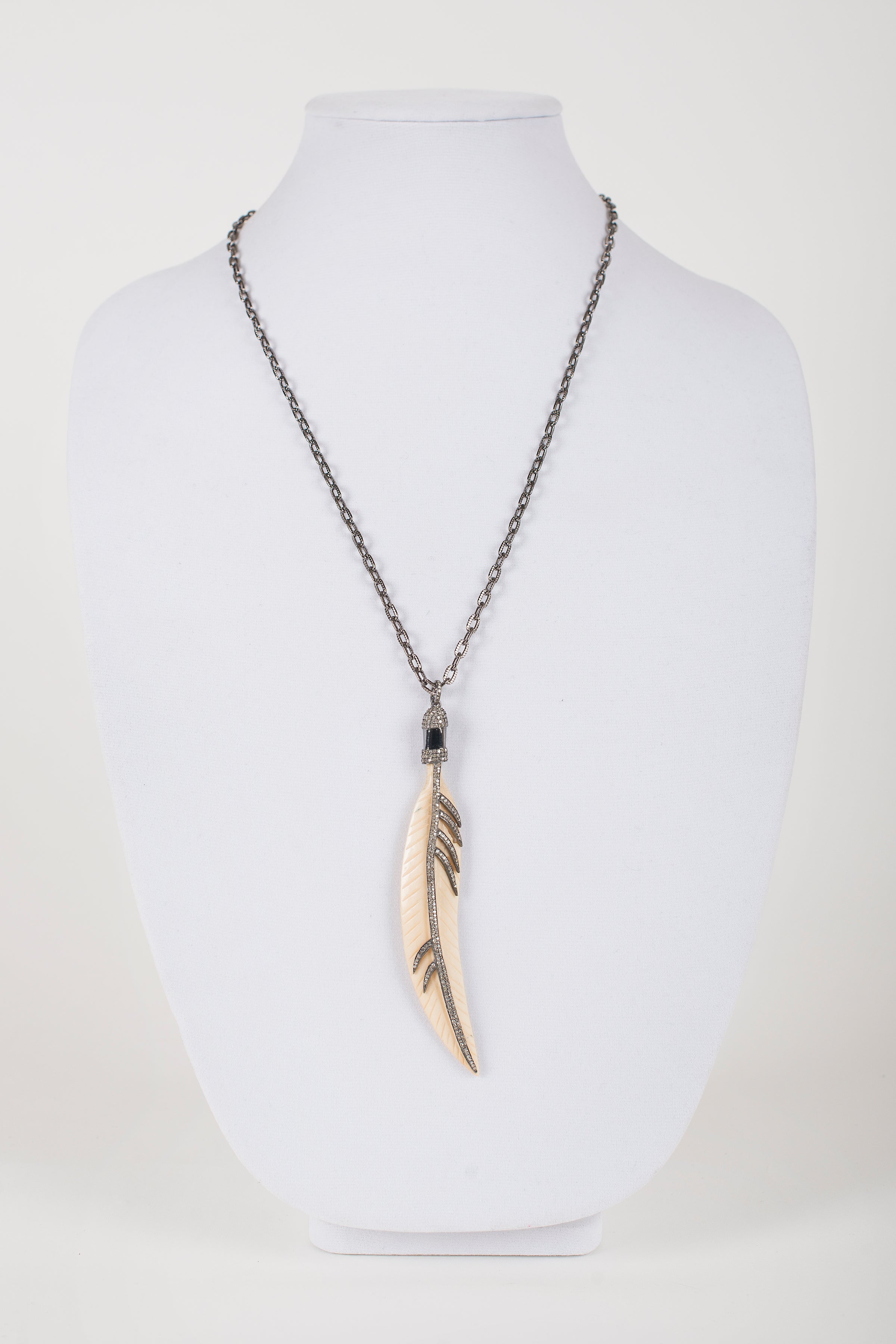 Bone and Pave Diamond Pendant on Gunmetal Chain