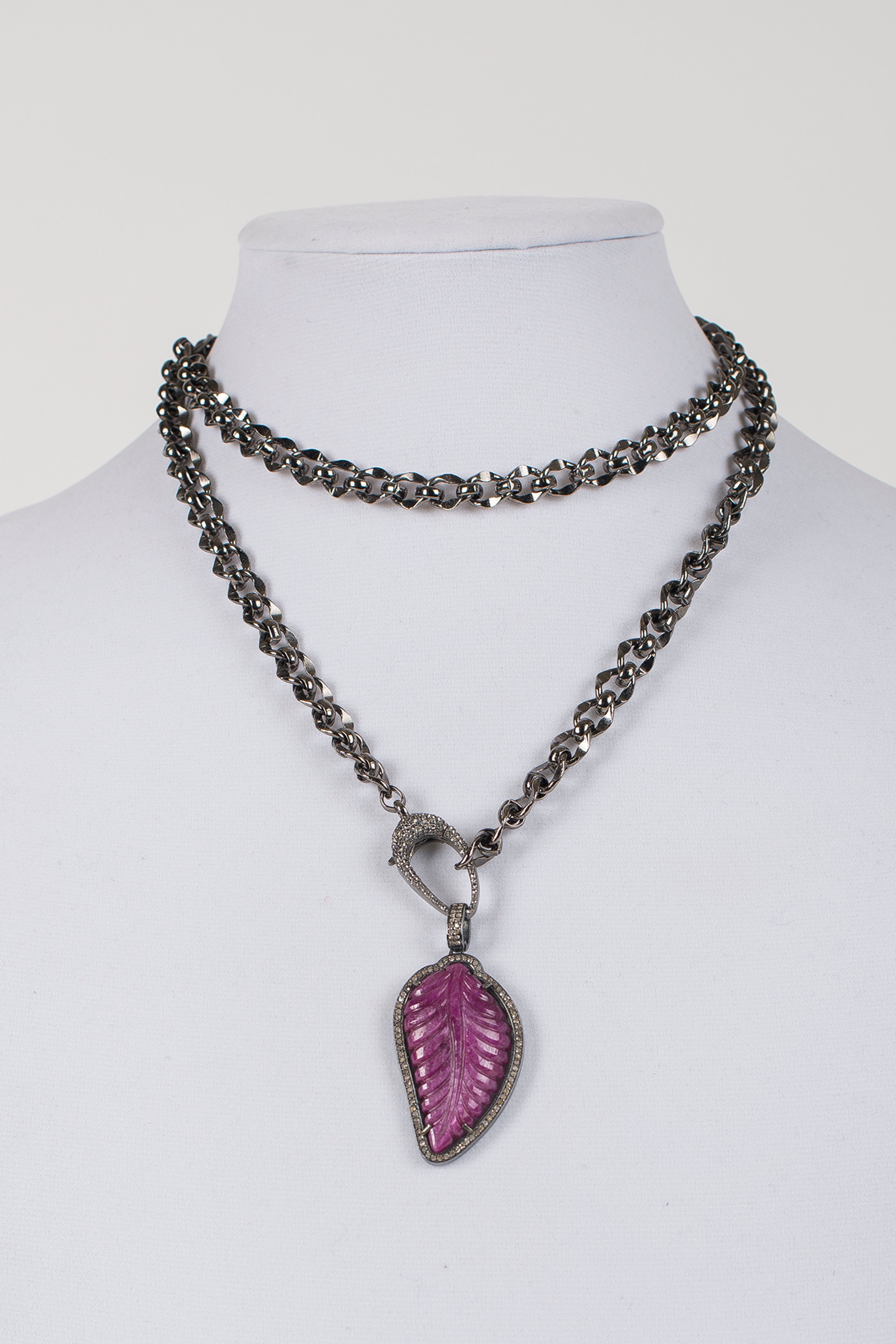 Carved Ruby Leaf and Pave Diamond Pendant on Gunmetal Chain with White Topaz Lobster Claw