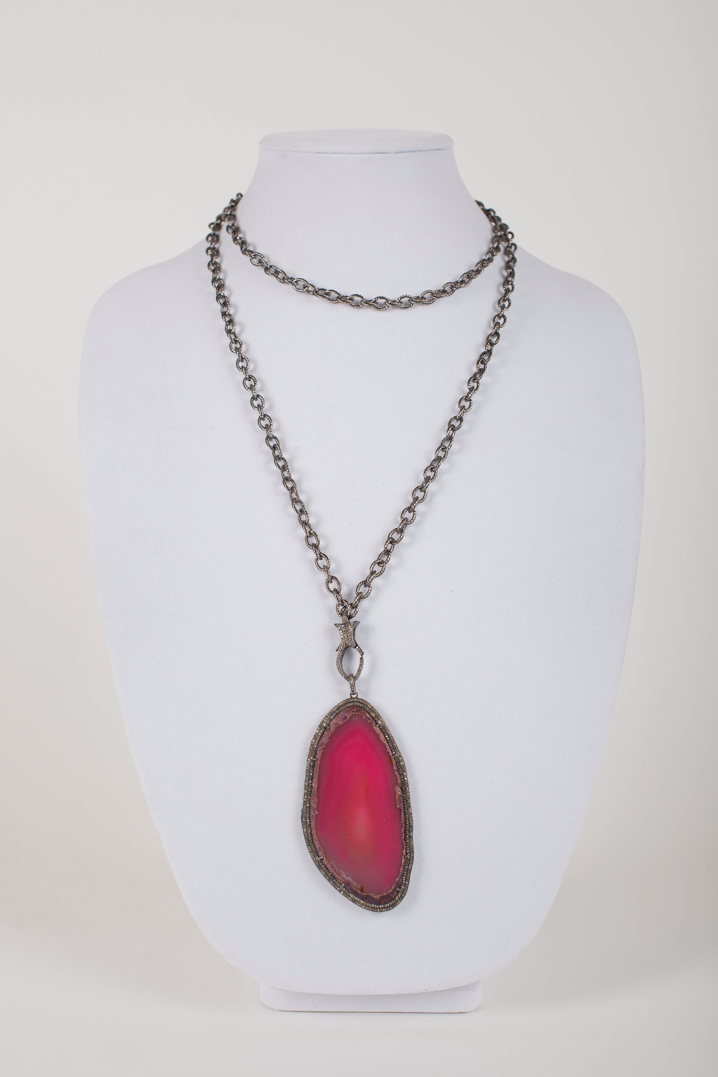 Fuschia Sliced Agate with Pave Diamond Pendant on Gunmetal Chain