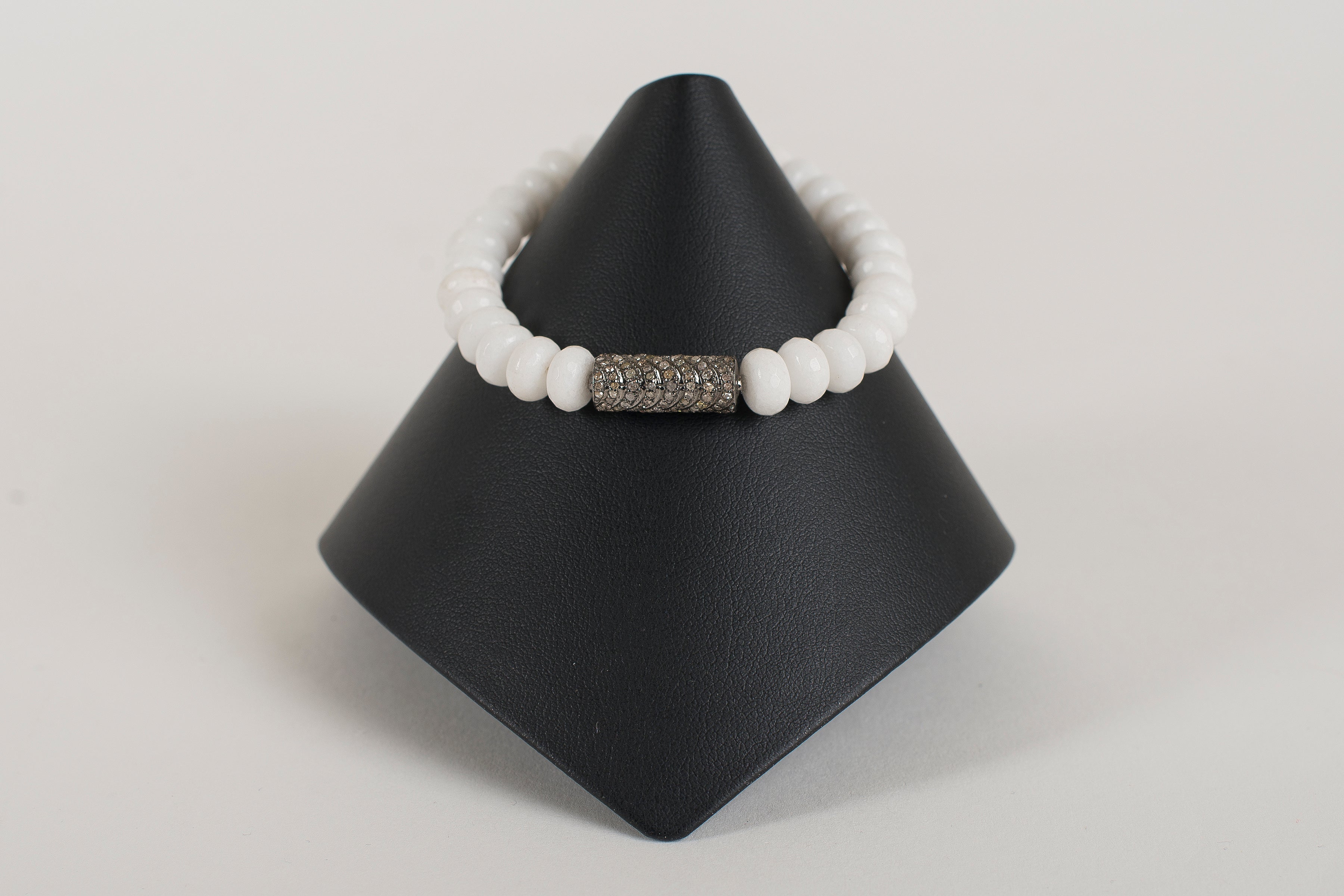 White Agate Rondelle with Pave Diamond Tube