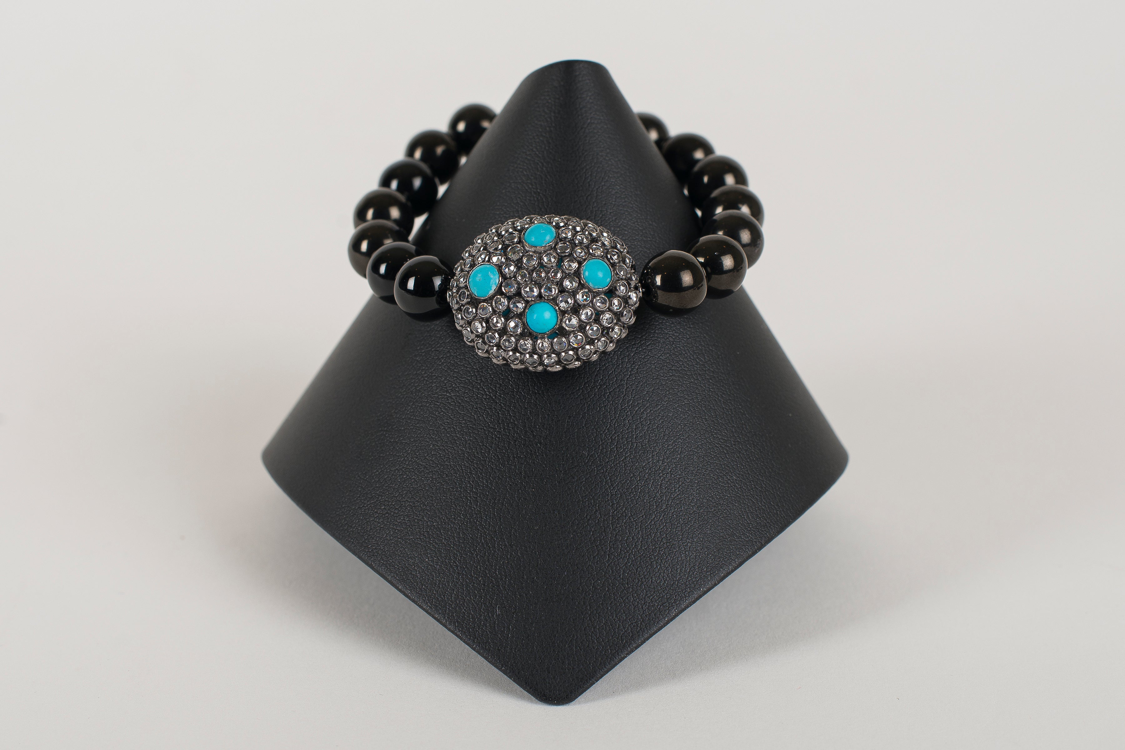 Faceted Black Onyx with Rock Crystal and Turquoise Bead