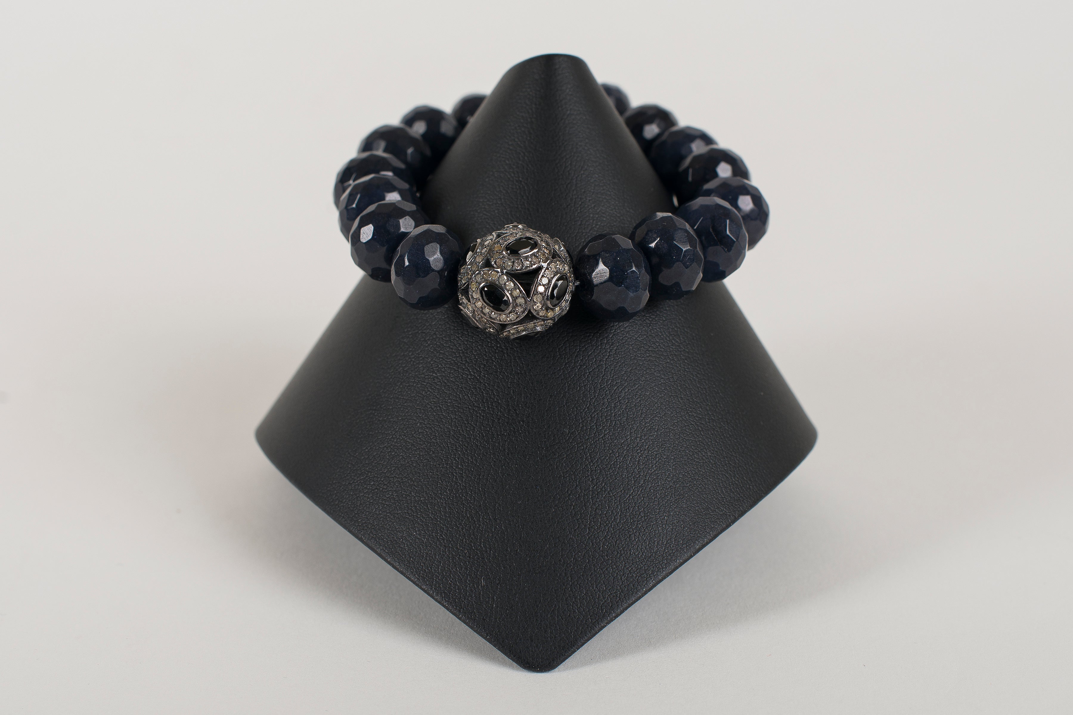 Faceted Navy Agate with Pave Diamond and Sapphire Focal Bead