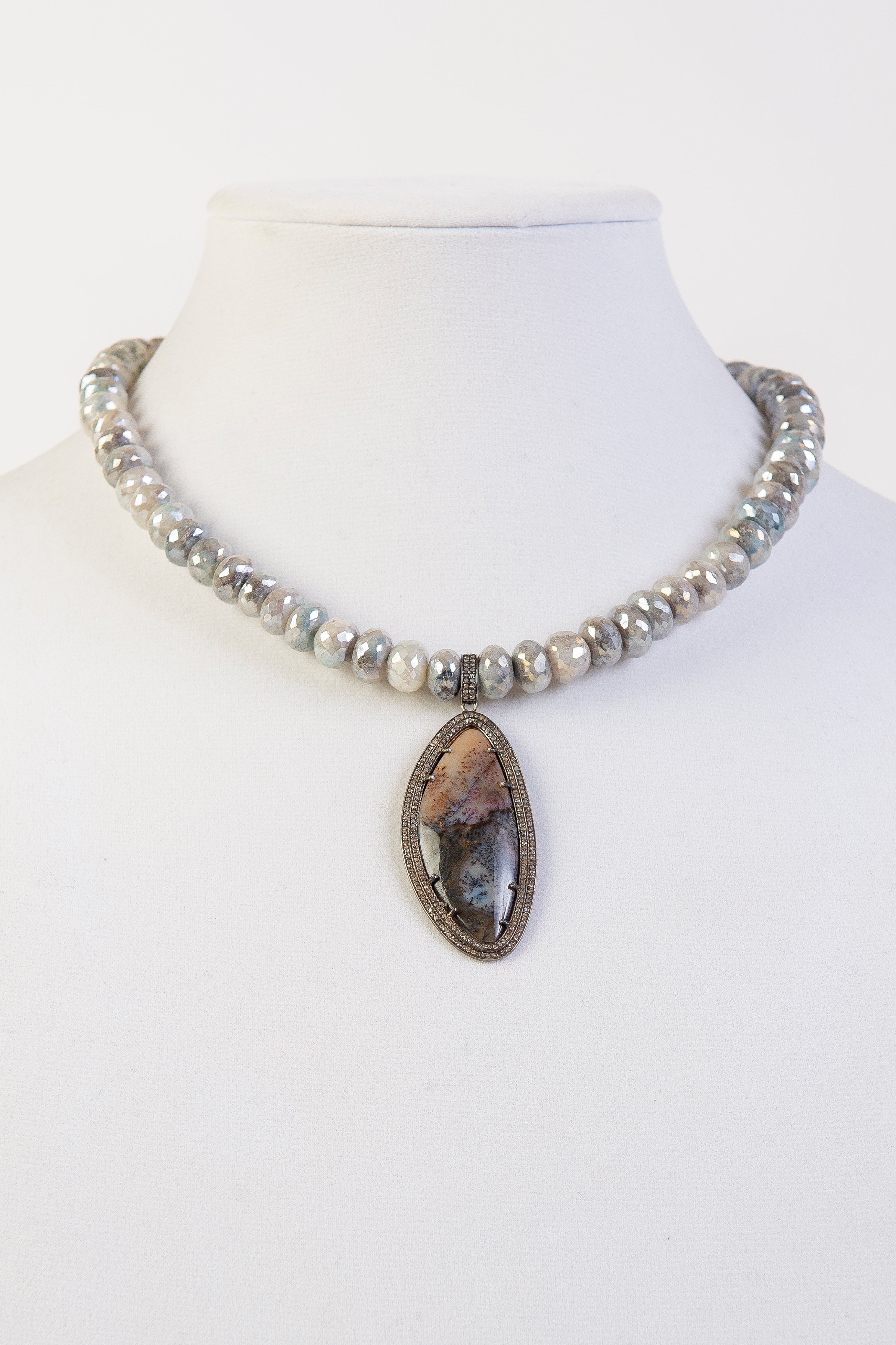 Jasper and pave diamond pendant on mystic moonstone