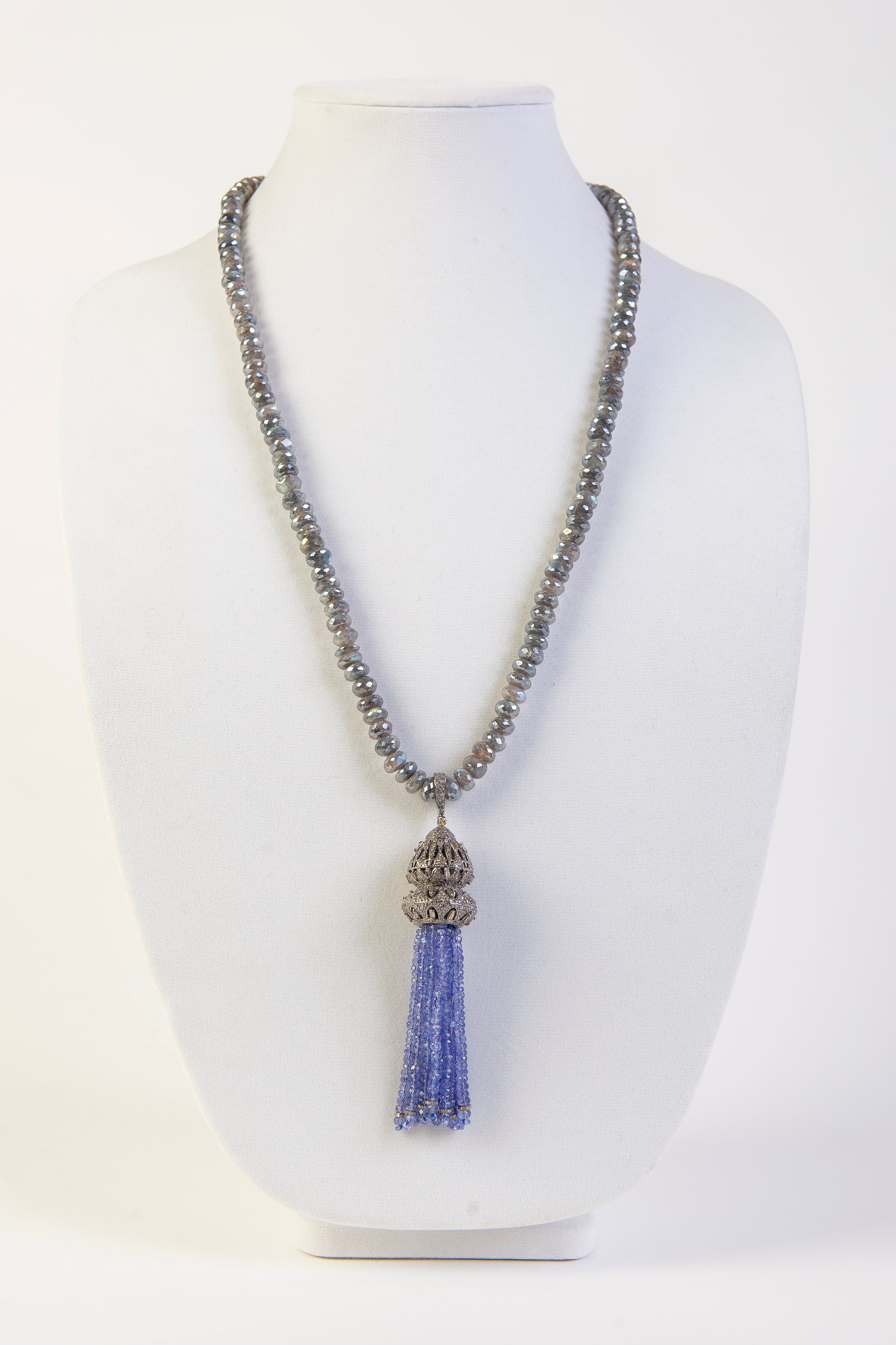 Tanzanite pave diamond large tassel on mystic labradorite