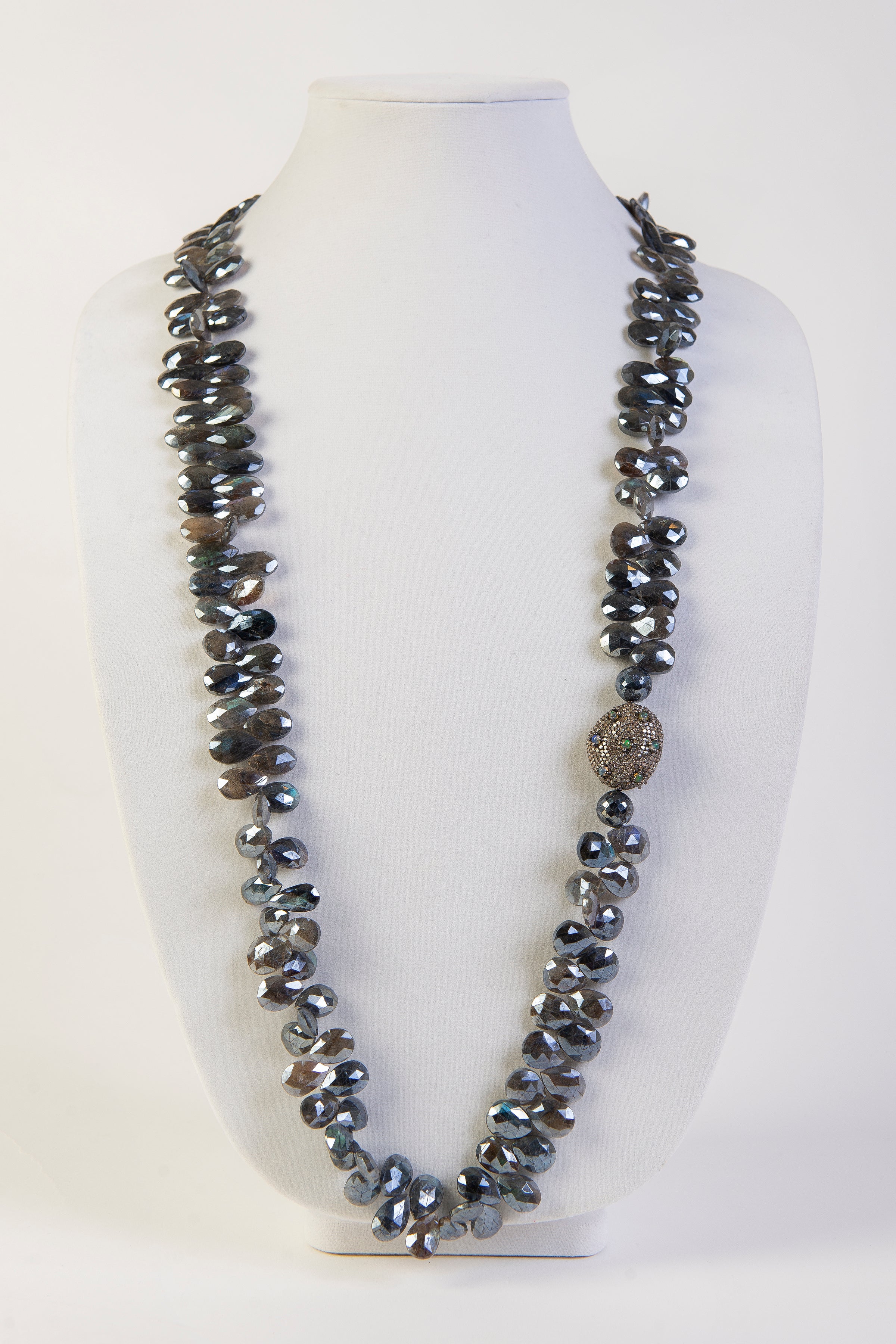 Mystic labradorite teardrops with pave diamond and opal focal bead
