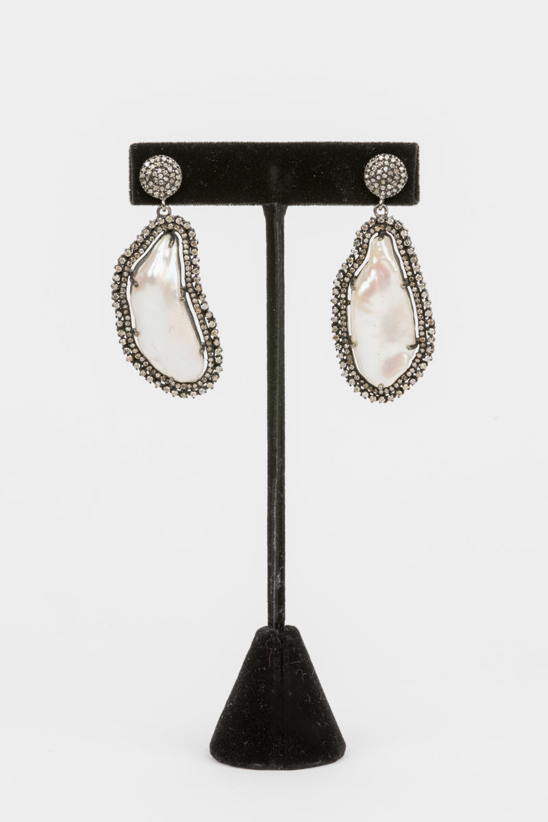 Pave Diamond, Baroque Pearl Earrings
