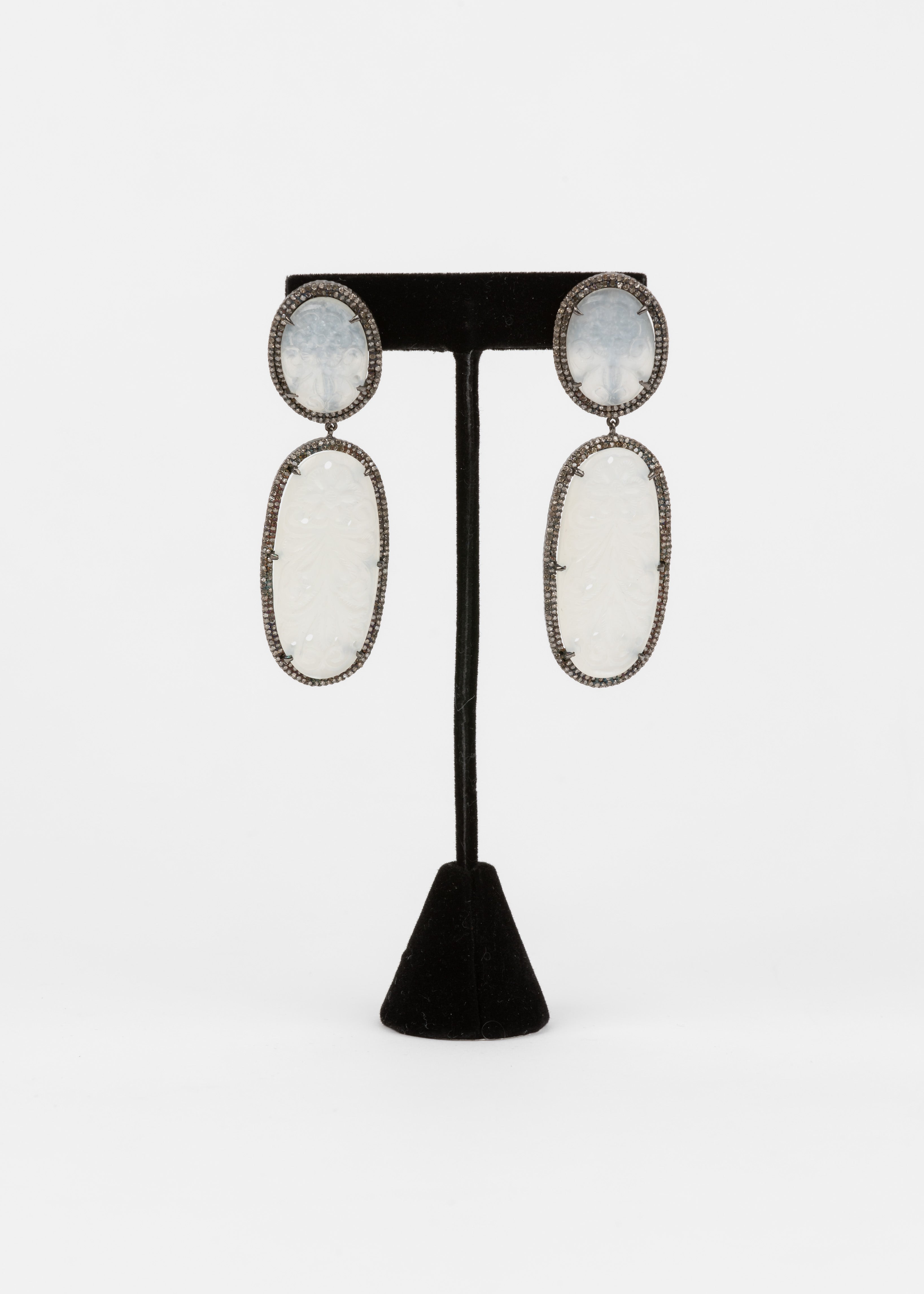 Pave Diamond, Carved Moonstone Earrings