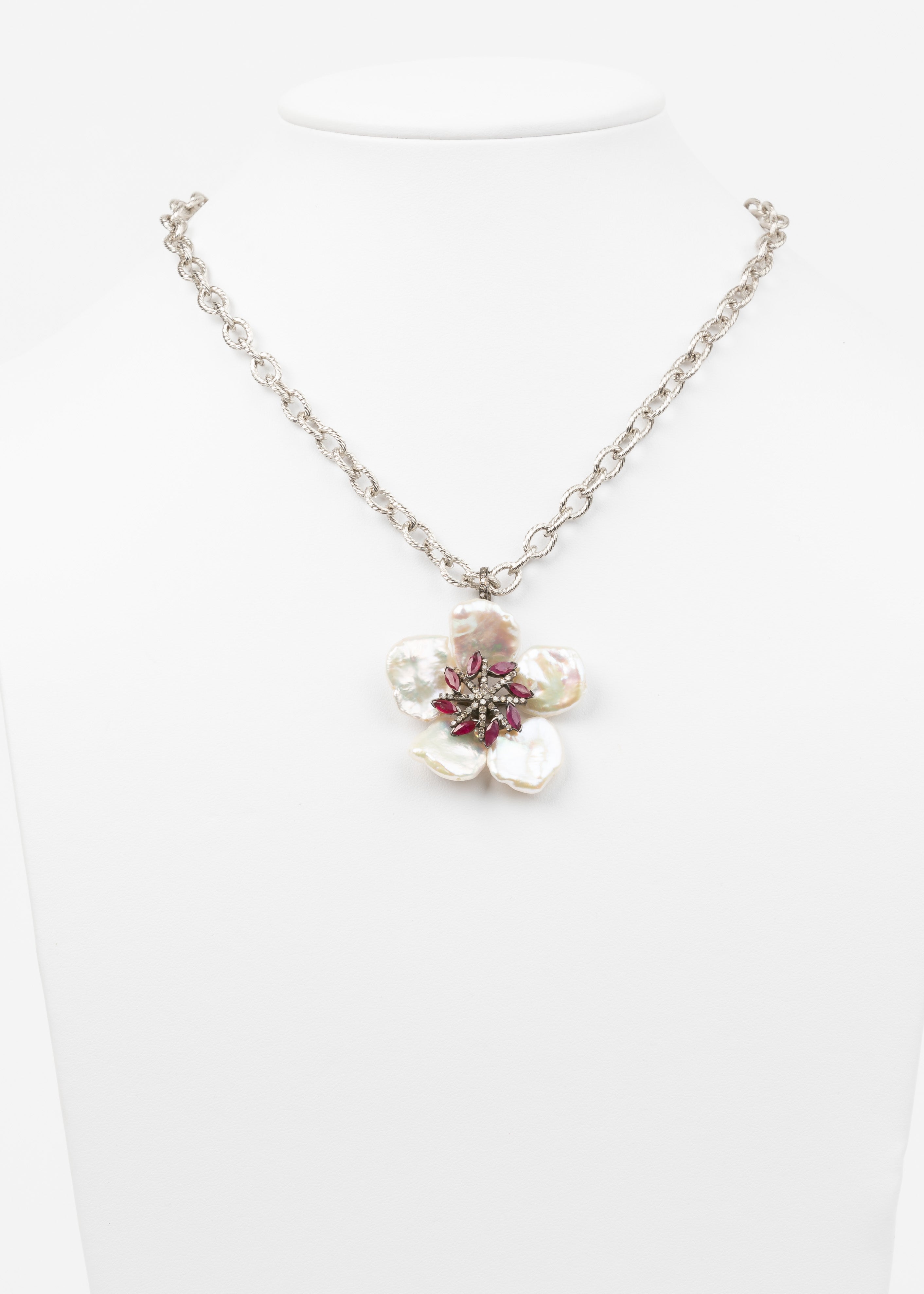 Pave Diamond, Ruby , Pearl Necklace
