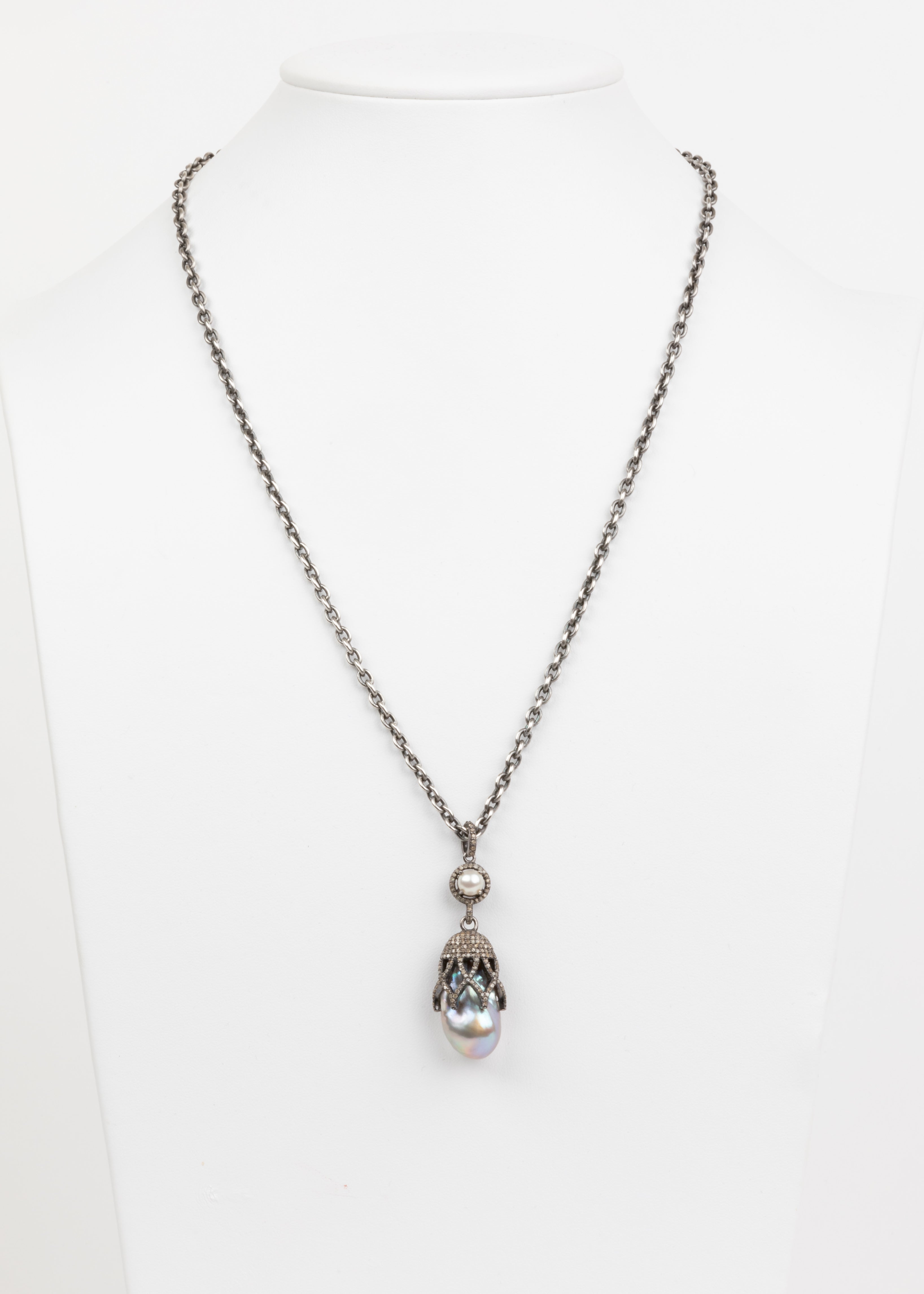 Pave Diamond and Grey Pearl Necklace