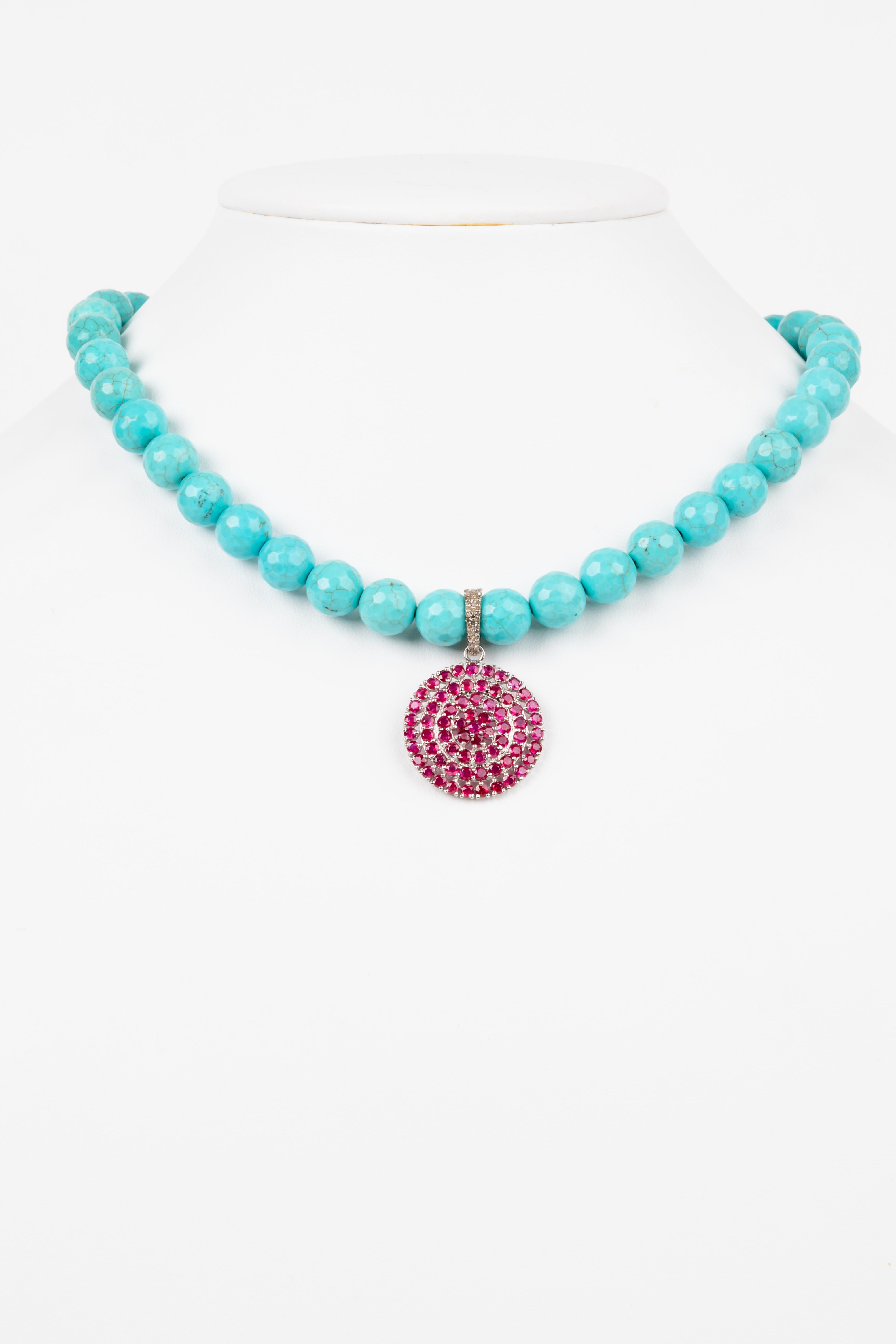 Pave Diamond, Ruby, Turquoise Necklace