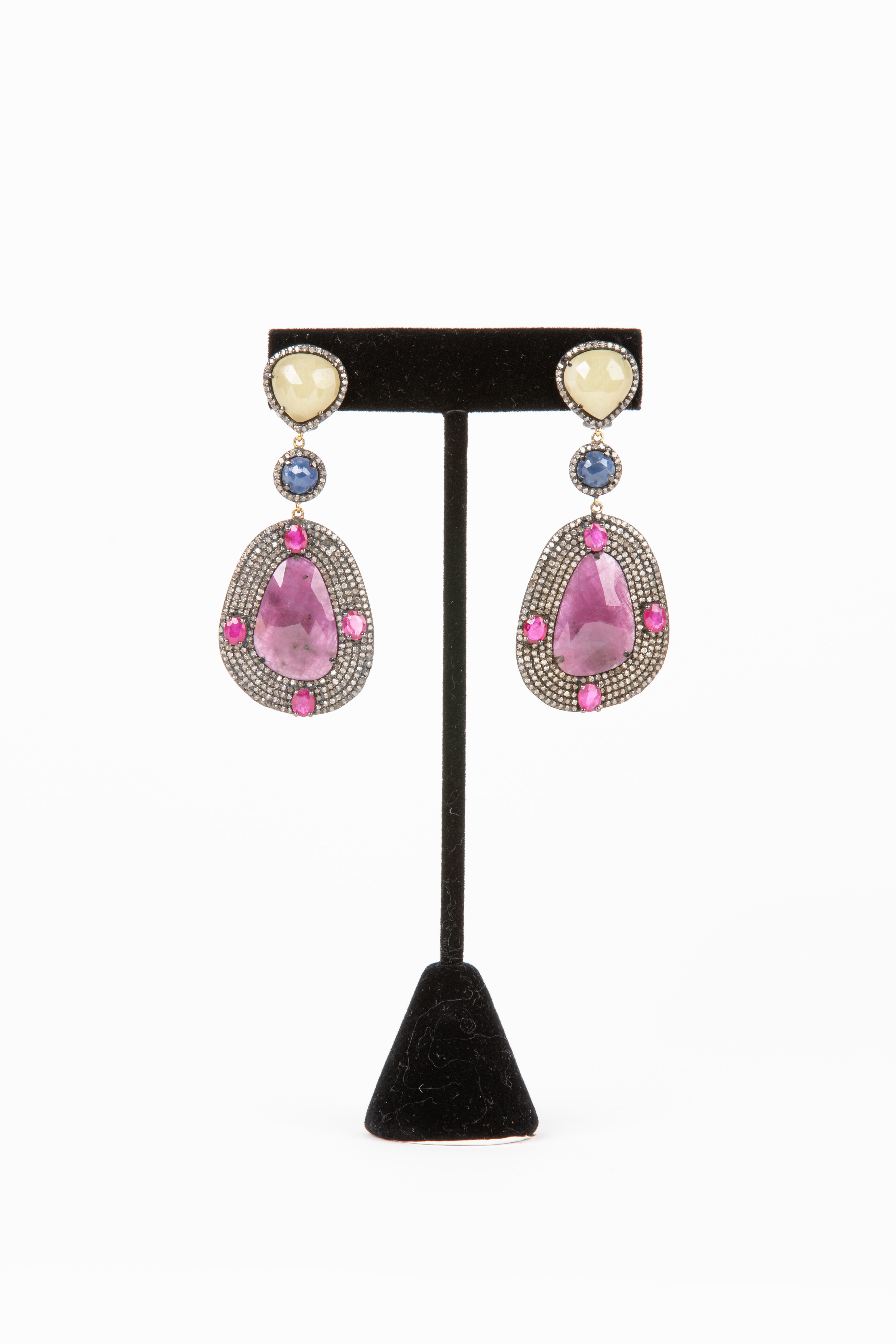 Pave Diamond, Sapphire Earrings