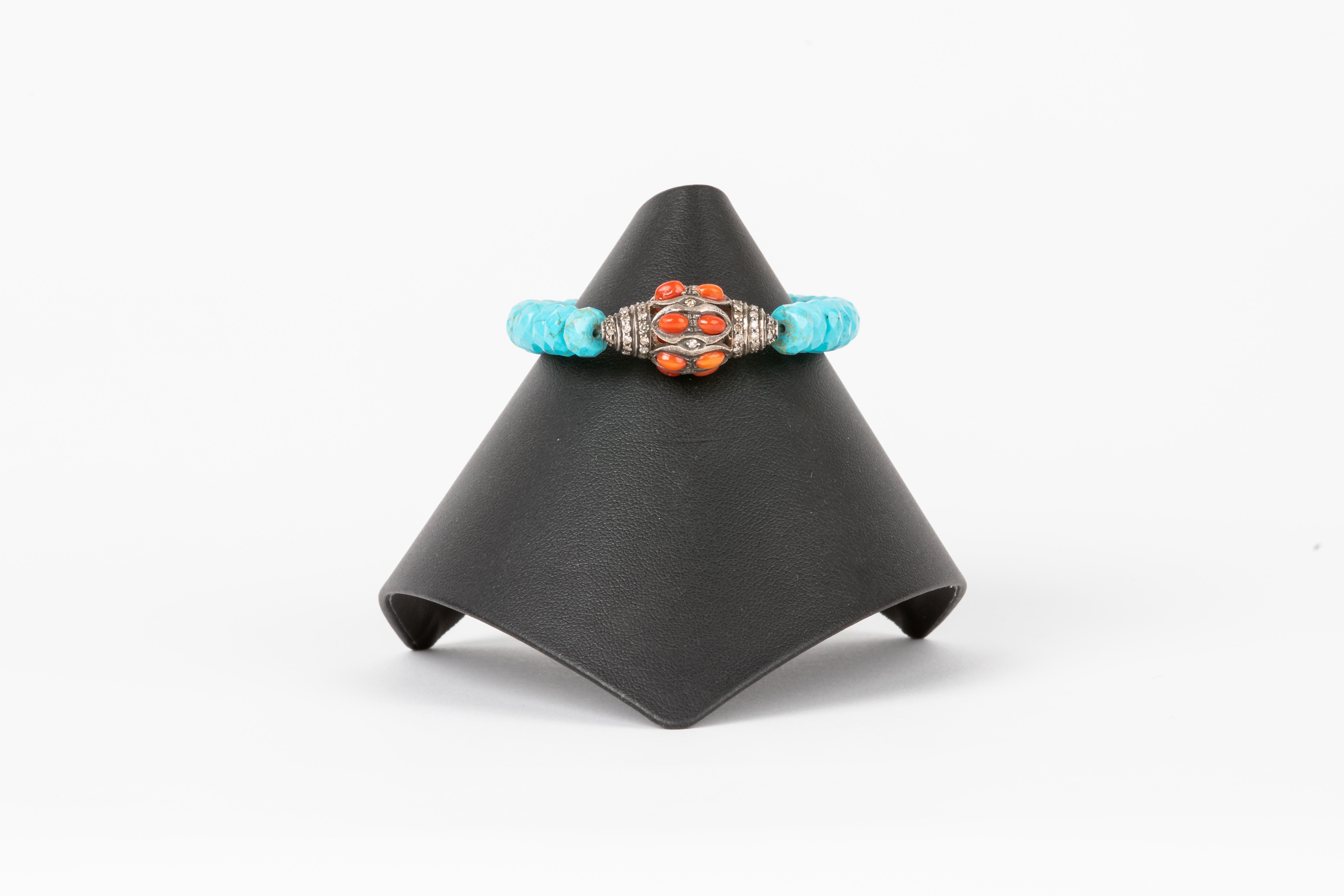 Pave Diamond, Coral, Turquoise Bracelet