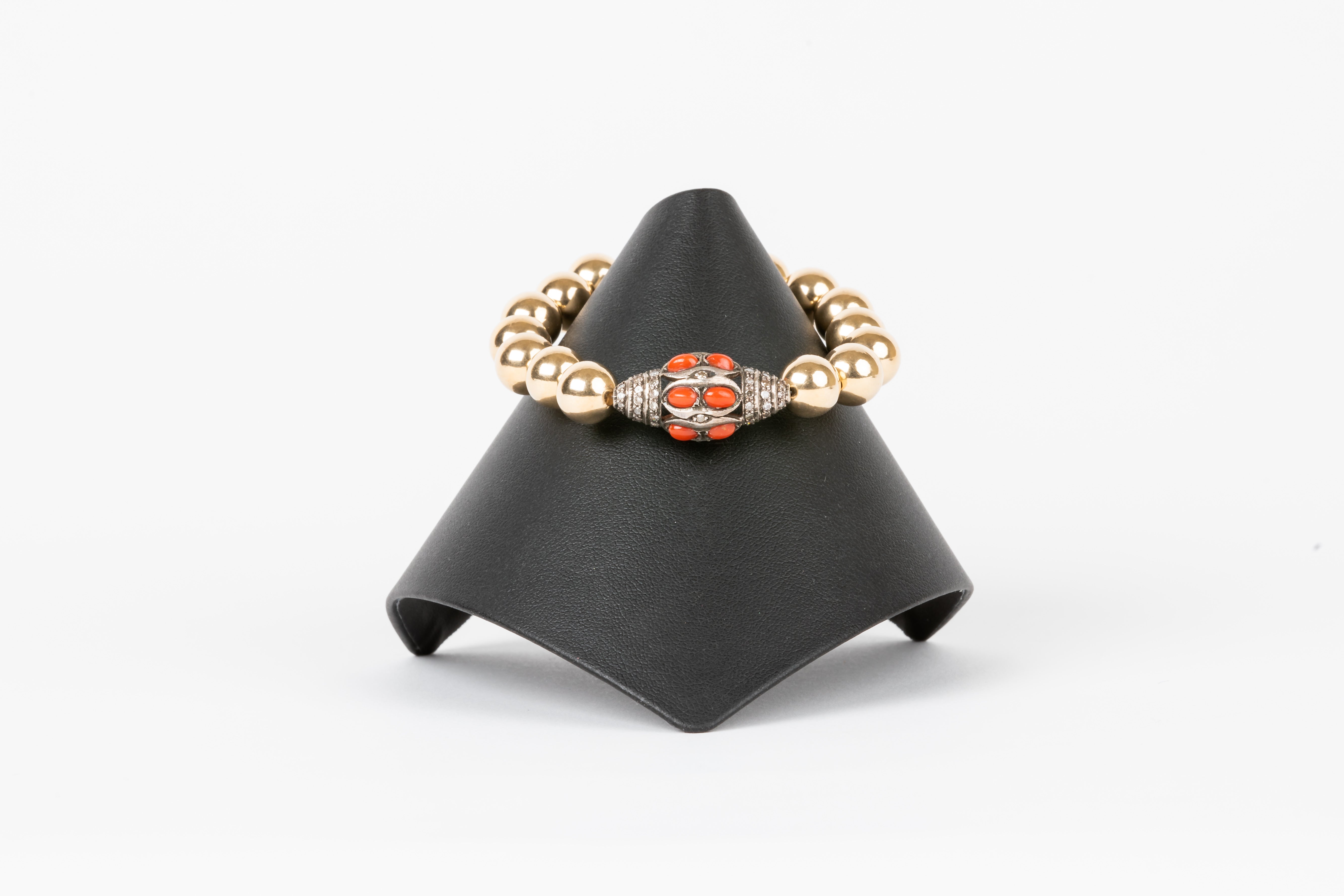 Pave Diamond, Coral, Gold Filled Bead Bracelet