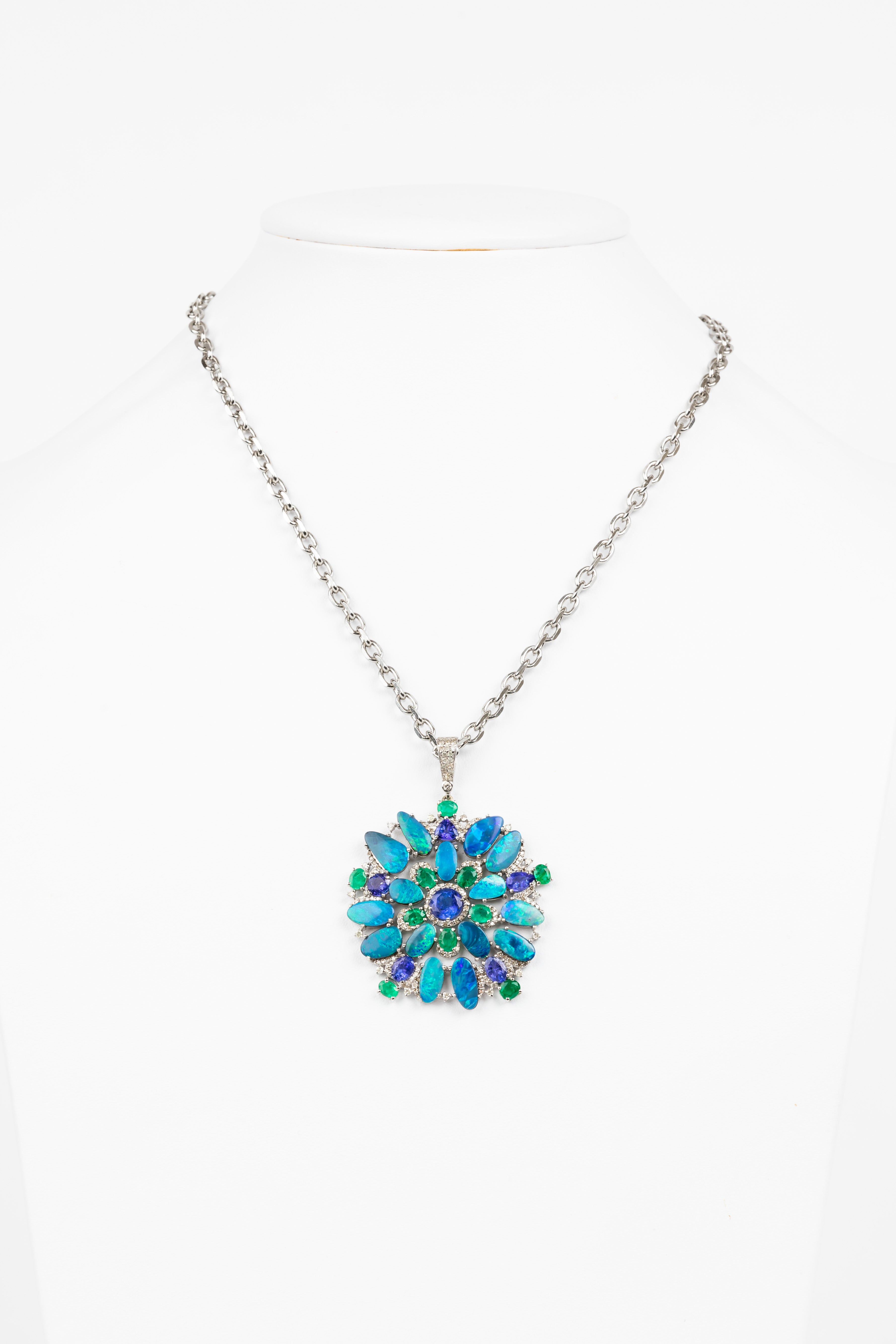 Pave Diamond, Australian Opal, Emerald, Tanzanite Necklace
