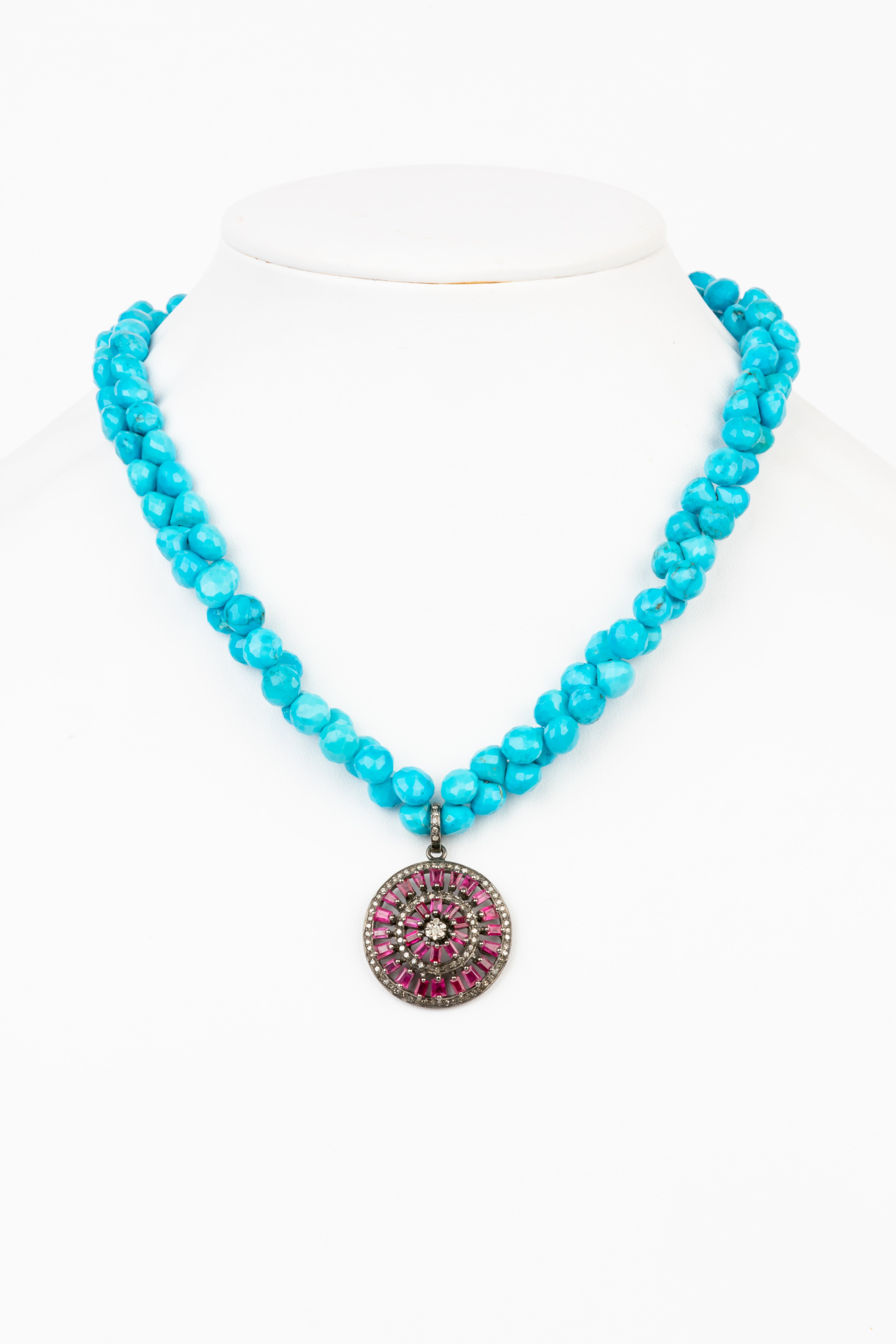 Pave Diamond, Ruby, Turquoise Necklace