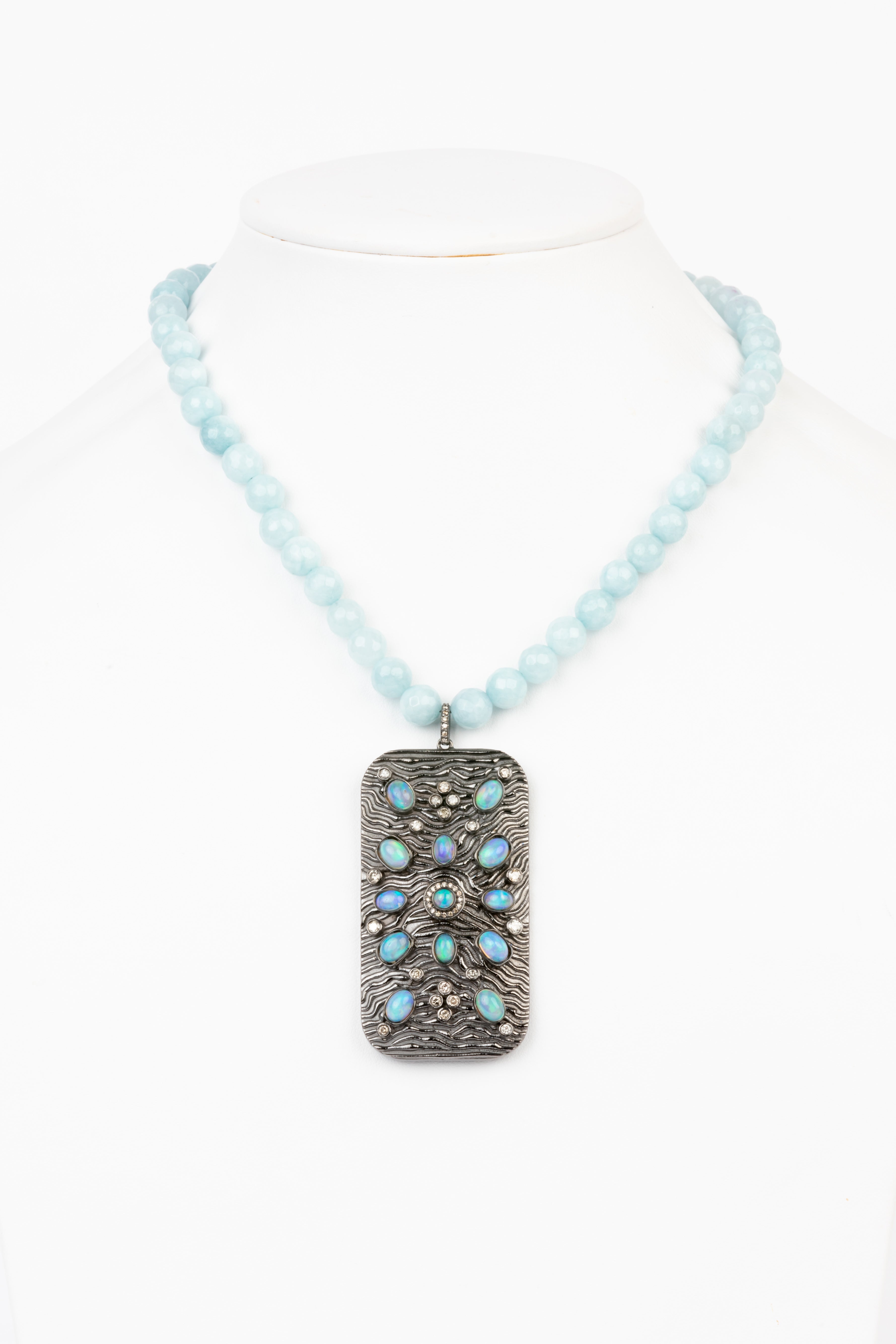 Pave Diamond, Opal, Aquamarine Necklace