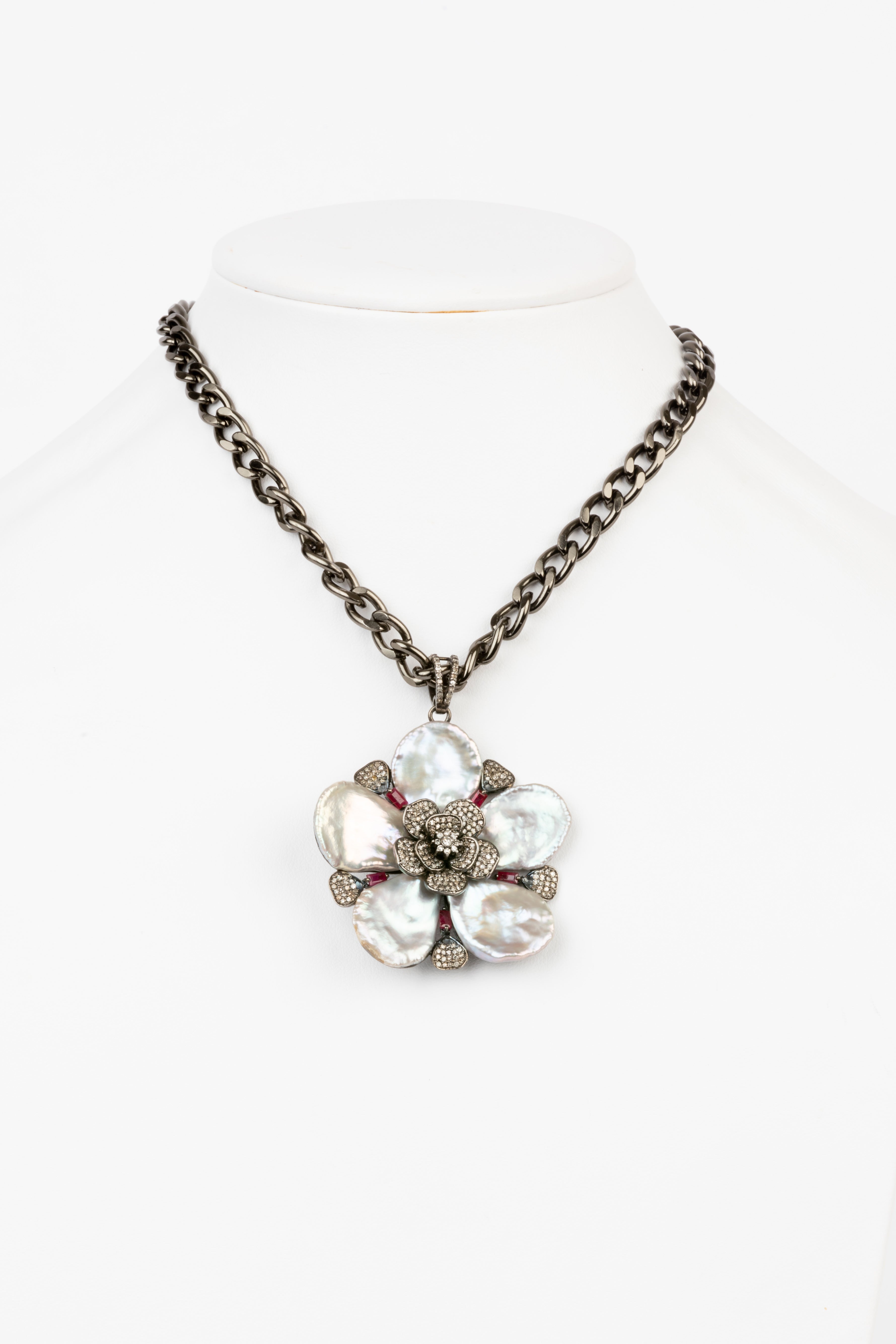 Pave Diamond, Grey Pearl, Ruby Necklace