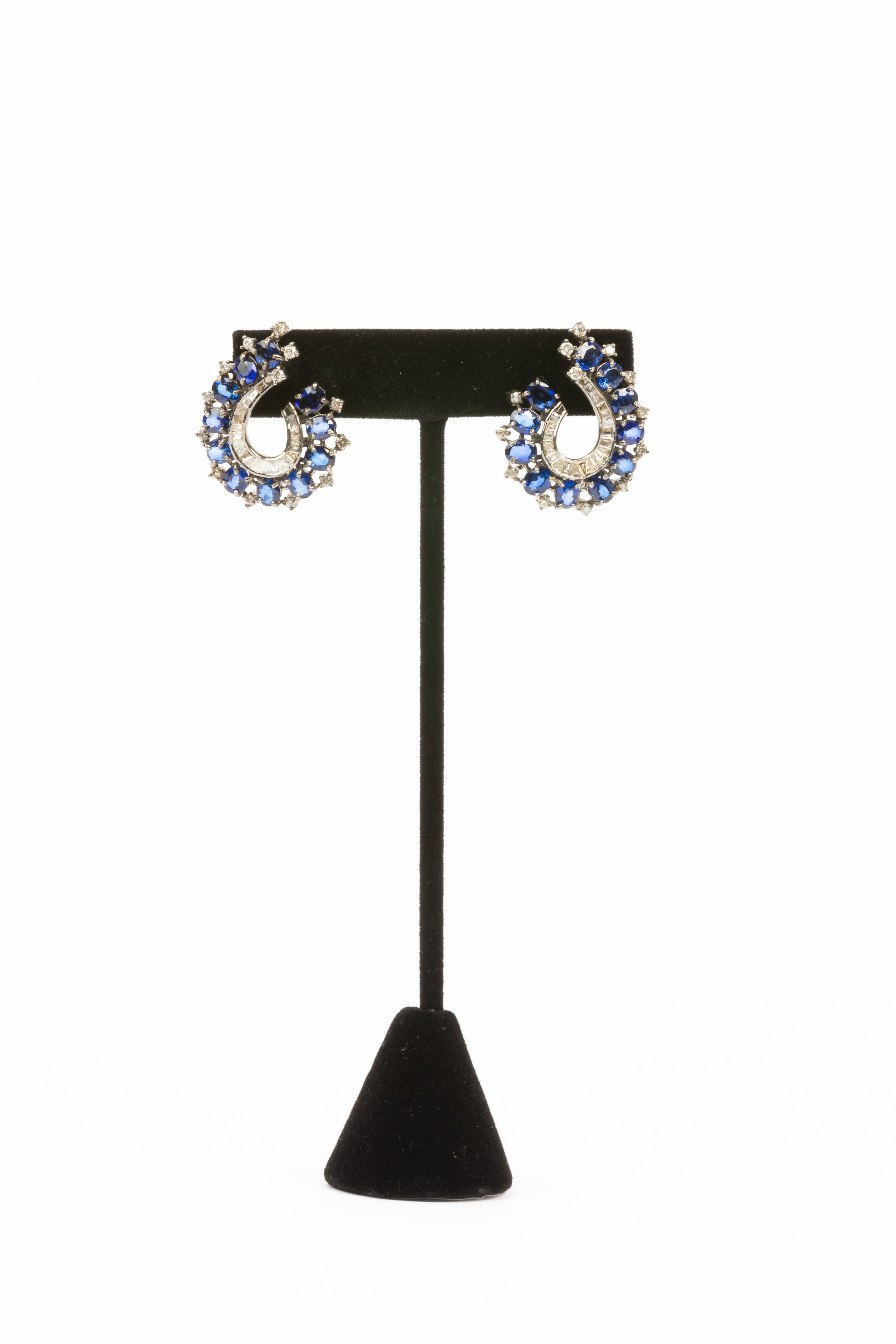 Pave Diamond, Baguette Diamond, Sapphire Earrings