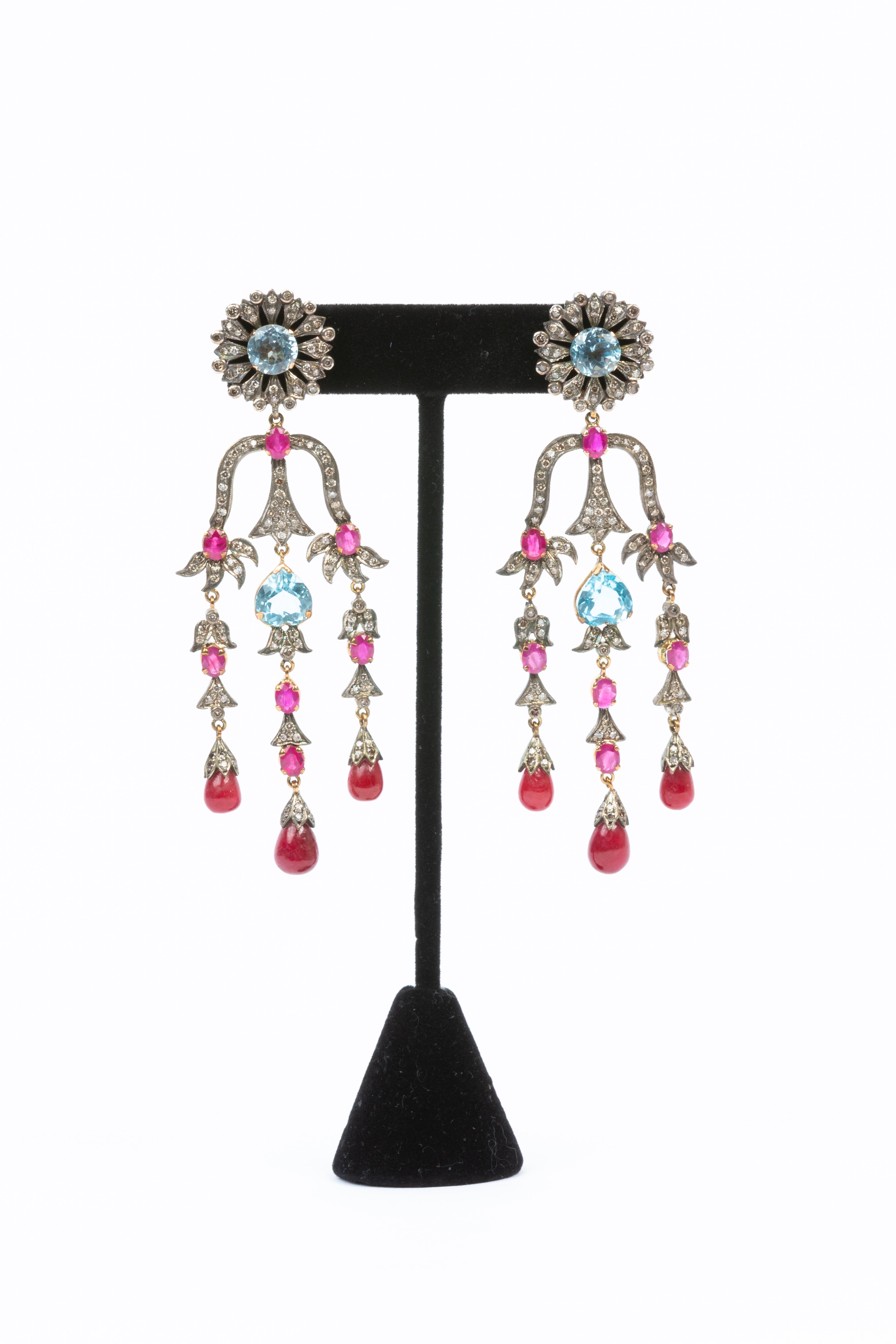 Pave Diamond, Ruby, Aquamarine Chandelier Earrings