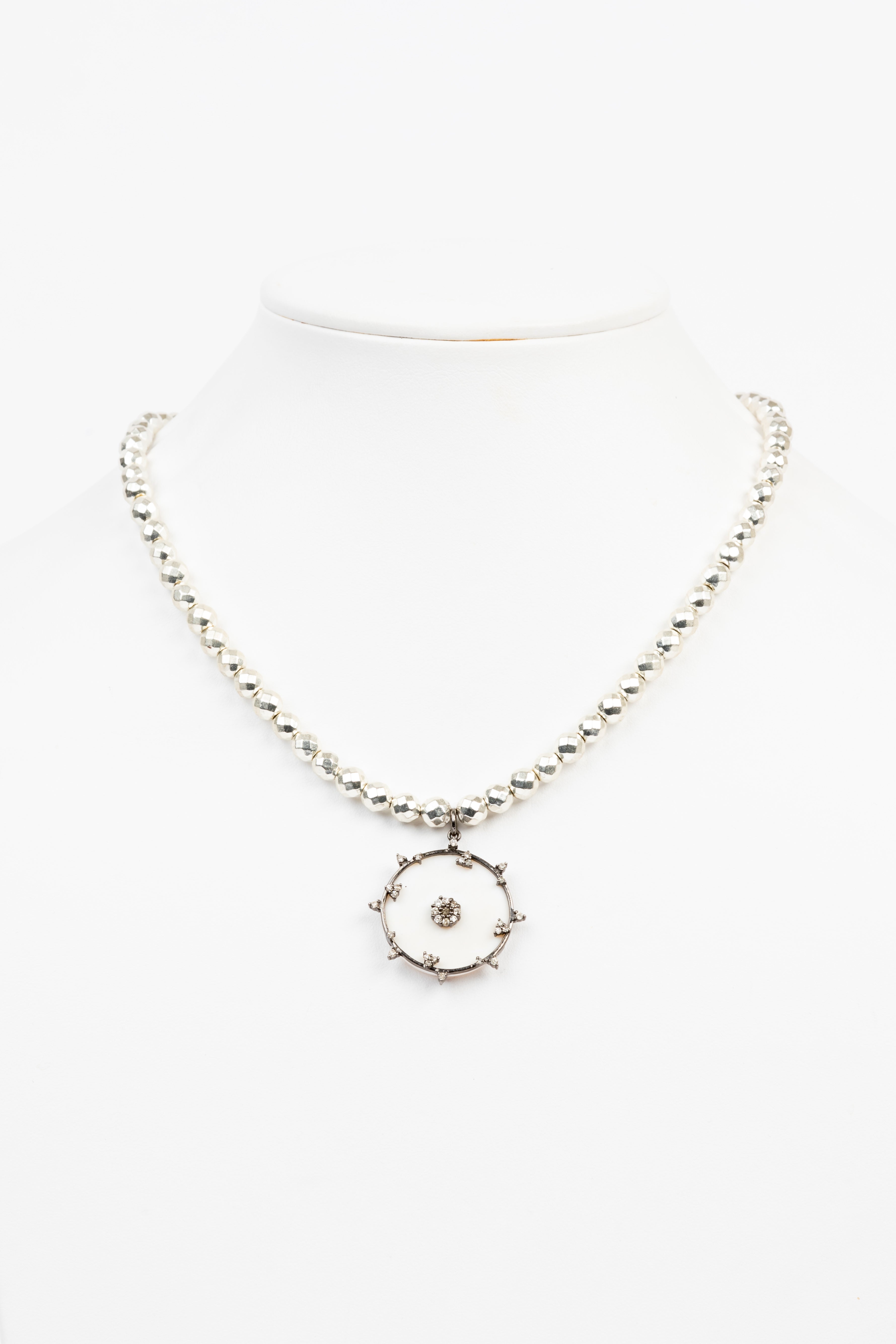 Pave Diamond, Enamel, Silver Pyrite Bead Necklace