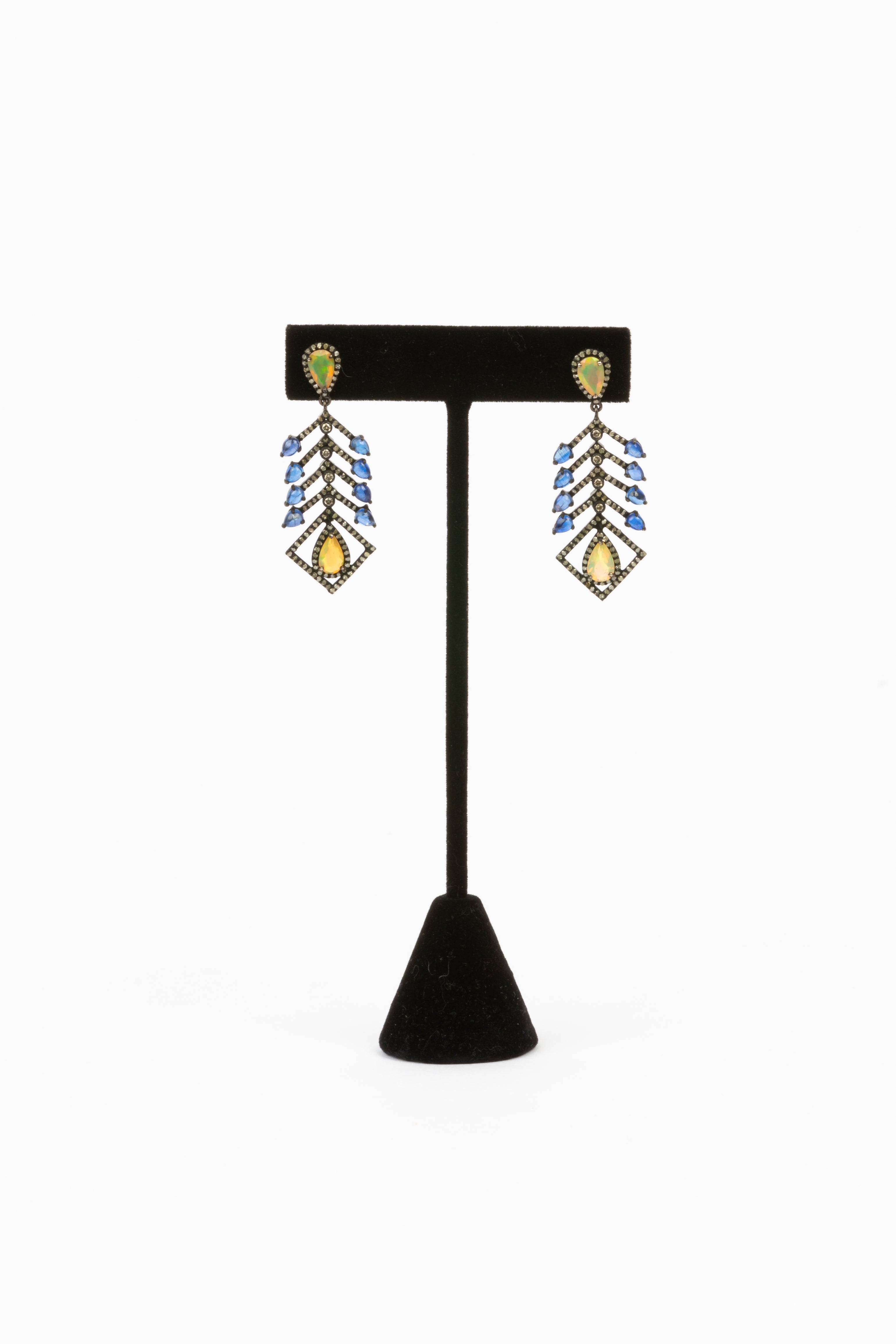 Pave Diamond, Sapphire, Opal Earrings