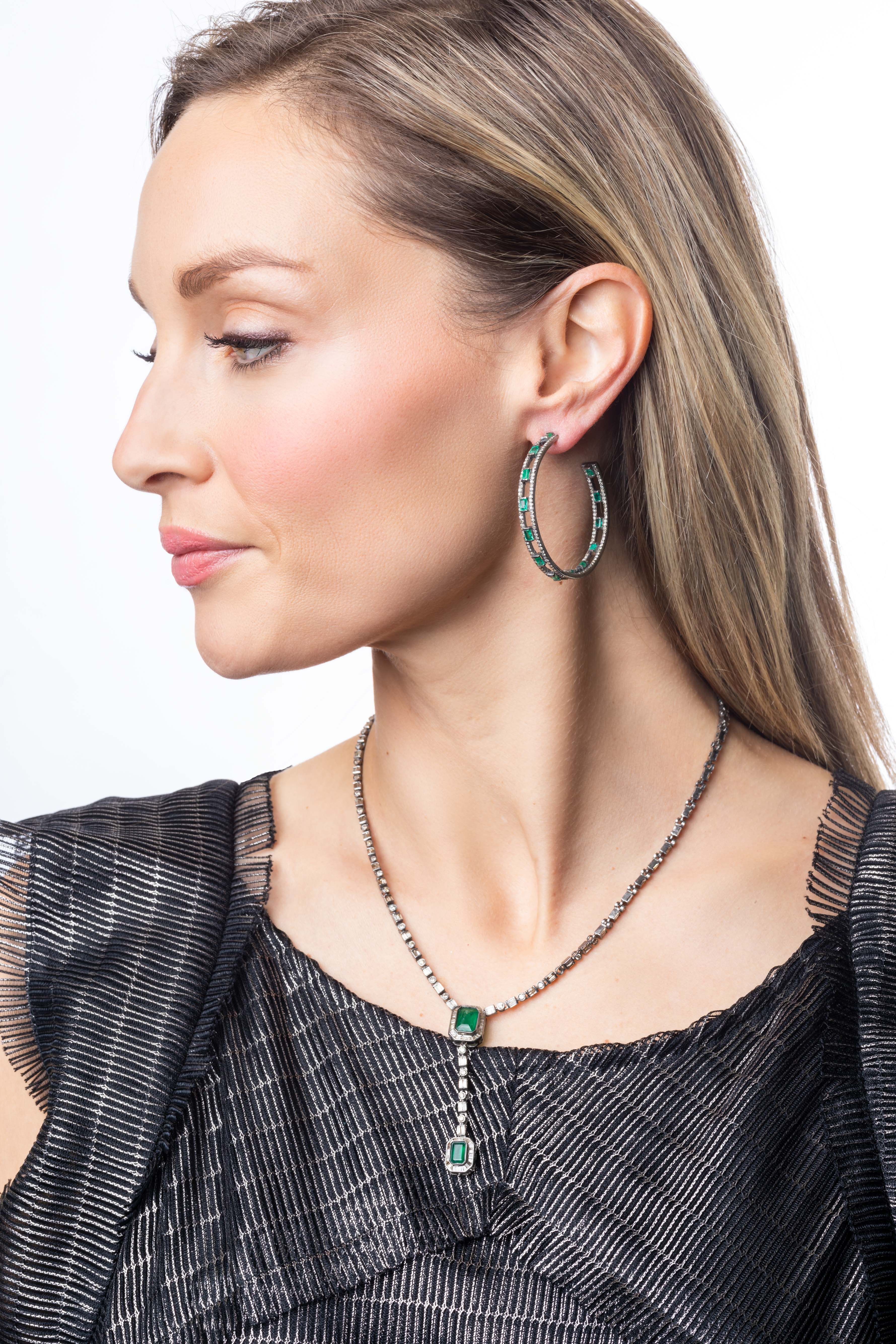 Pave Diamond, Emerald Hoop Earrings