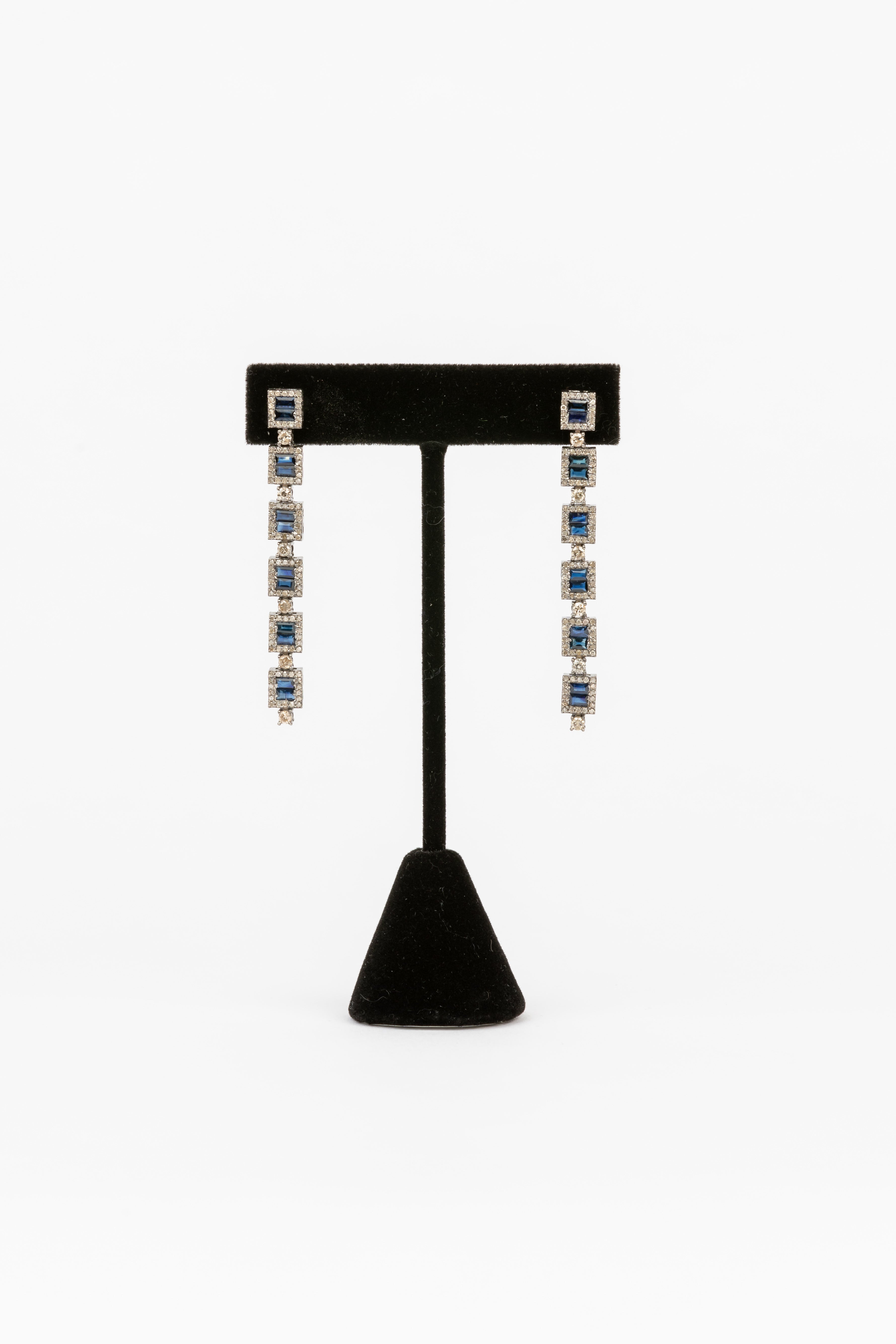 Baguette Diamond and Sapphire Earrings