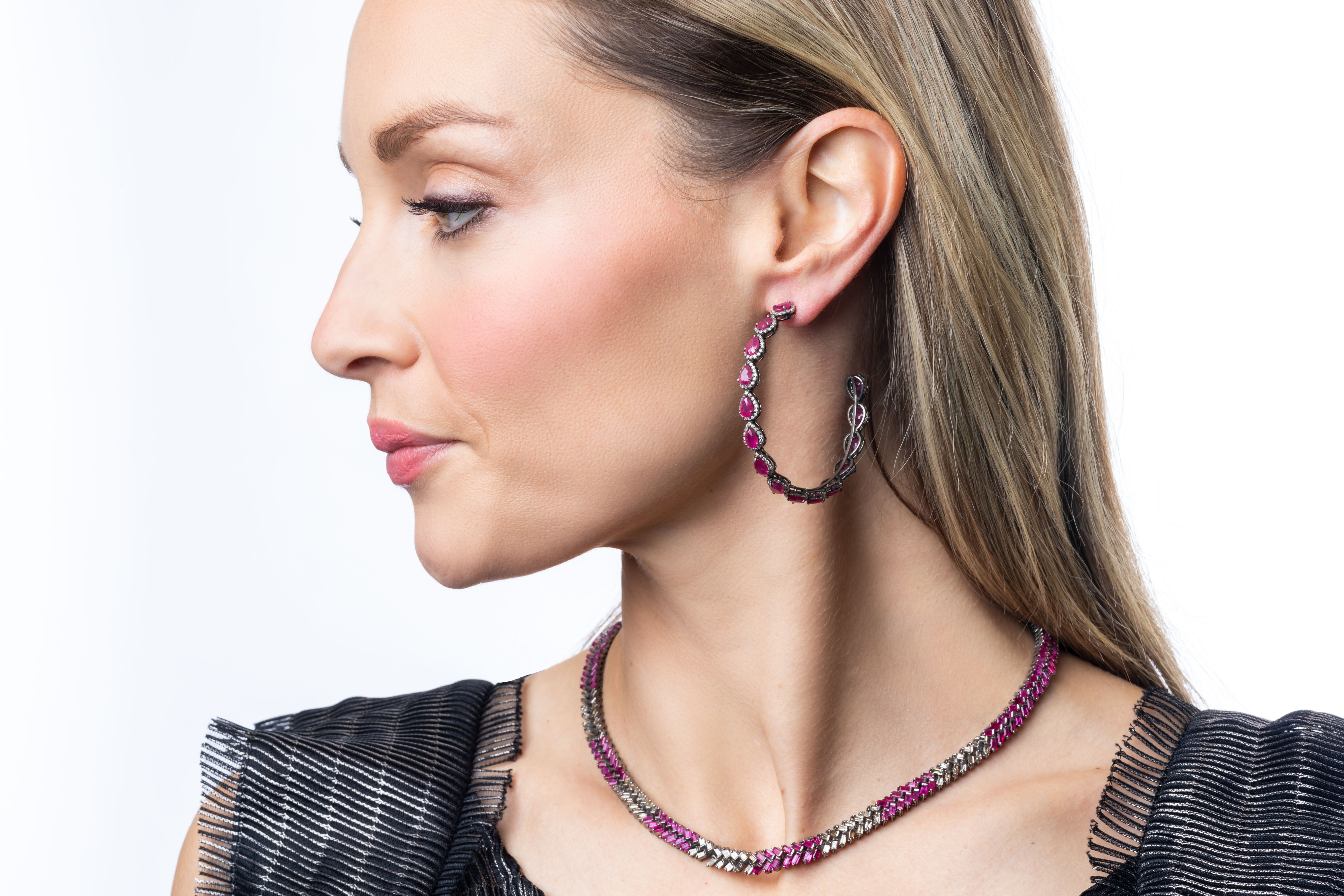 Pave Diamond, Ruby Hoop Earrings