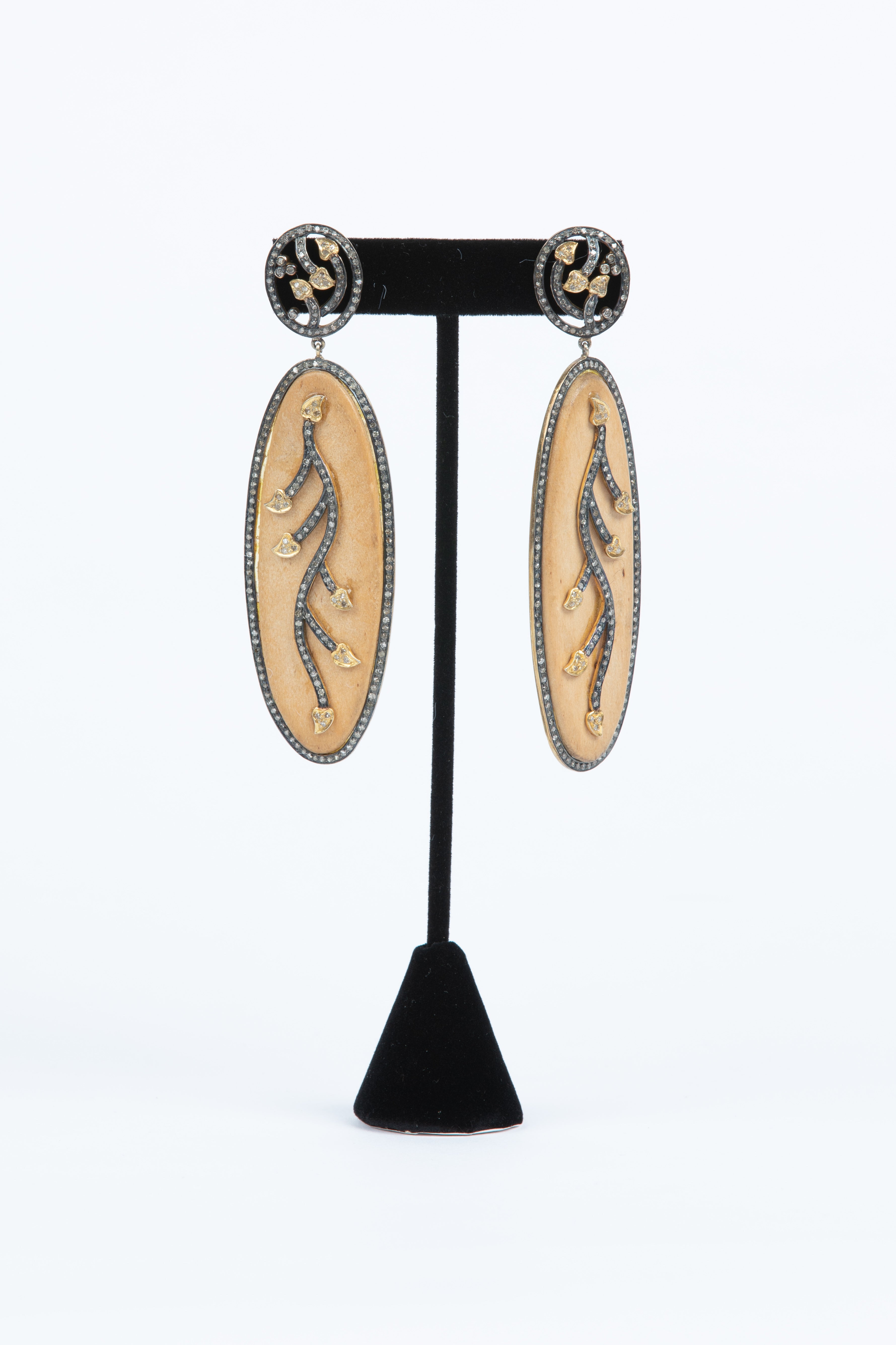Wood and Pave Diamond and Rose Cut Diamond Earrings