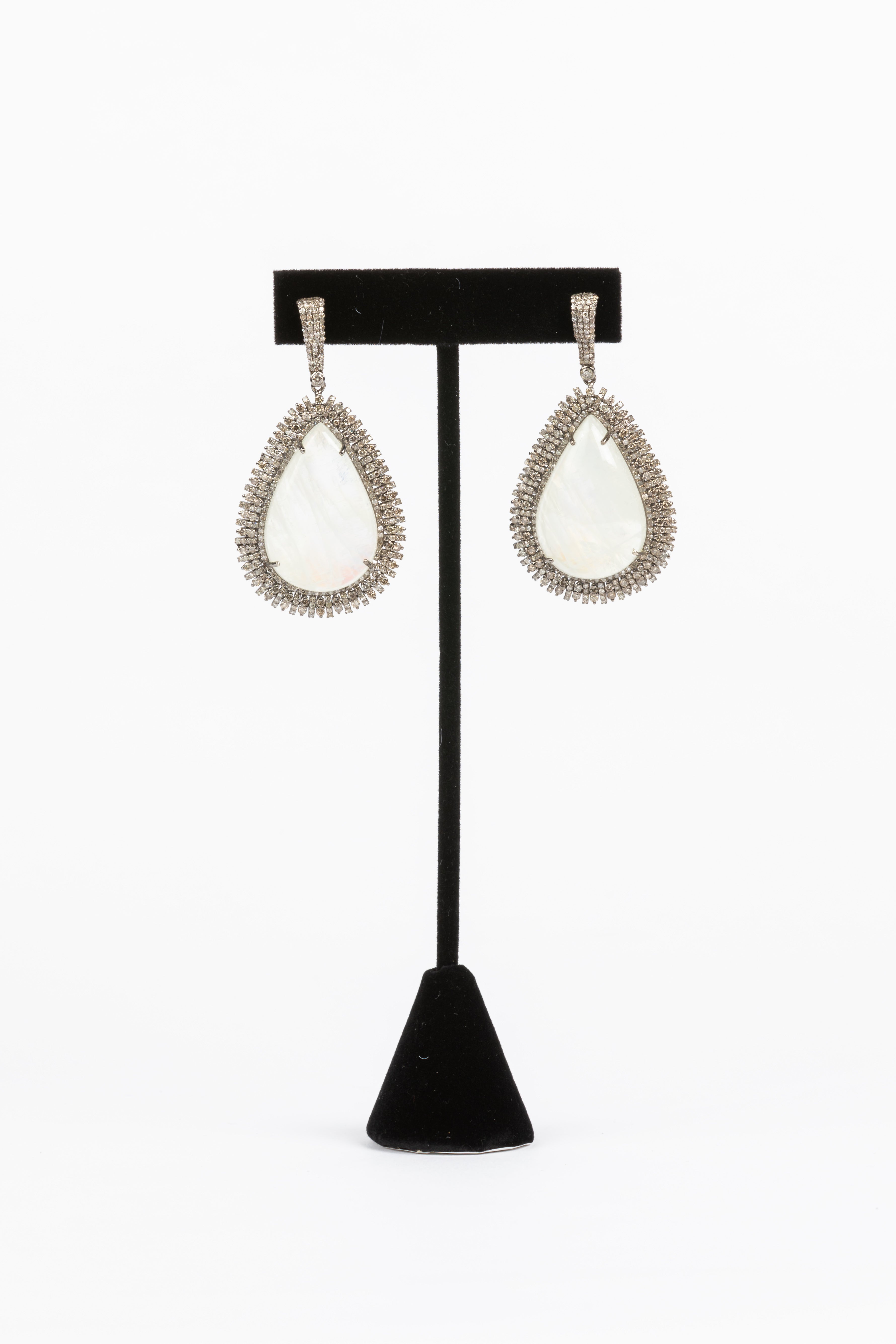 Moonstone and Baguette Diamond Earrings
