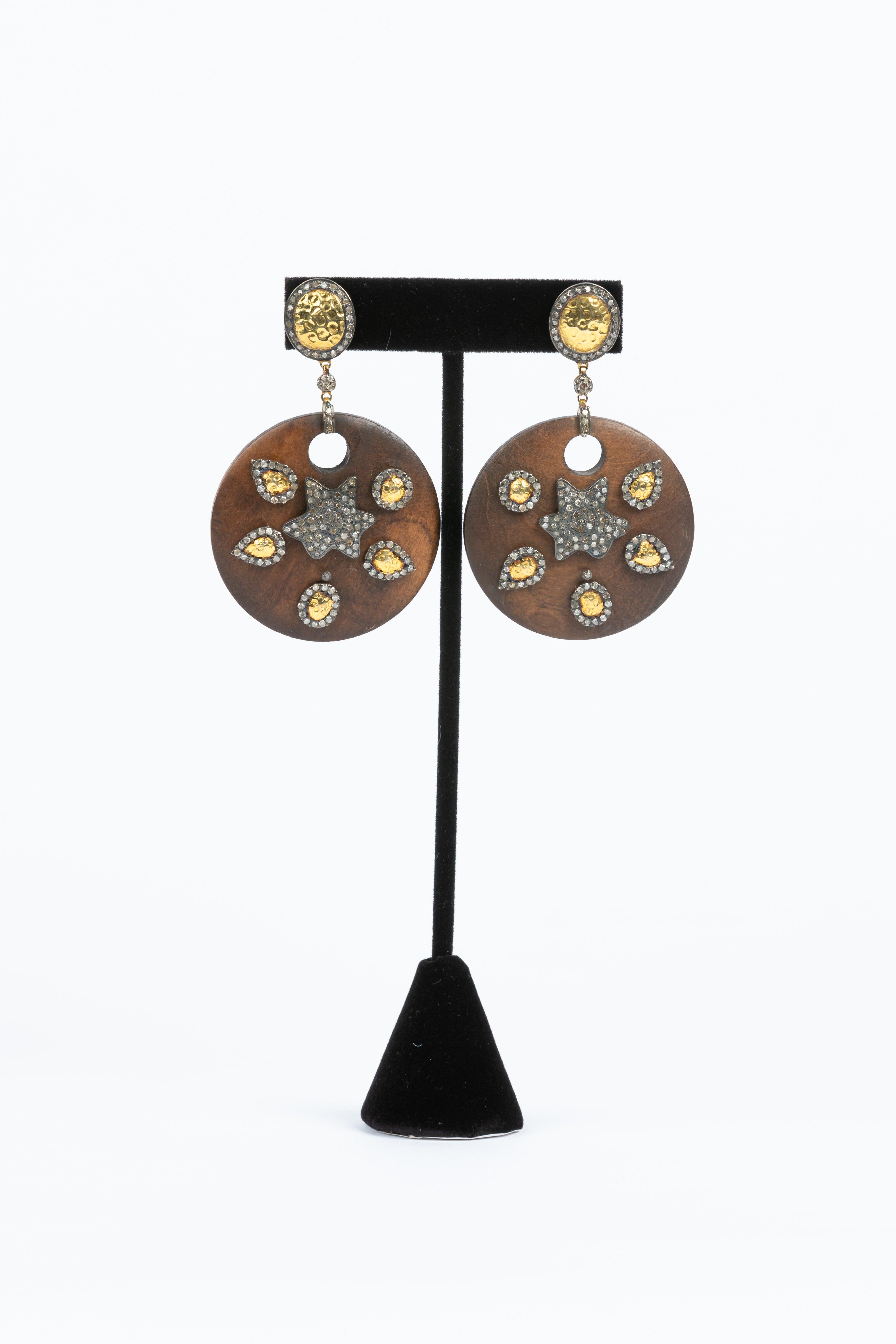 Wood and Pave Diamond and Vermeil Earrings.