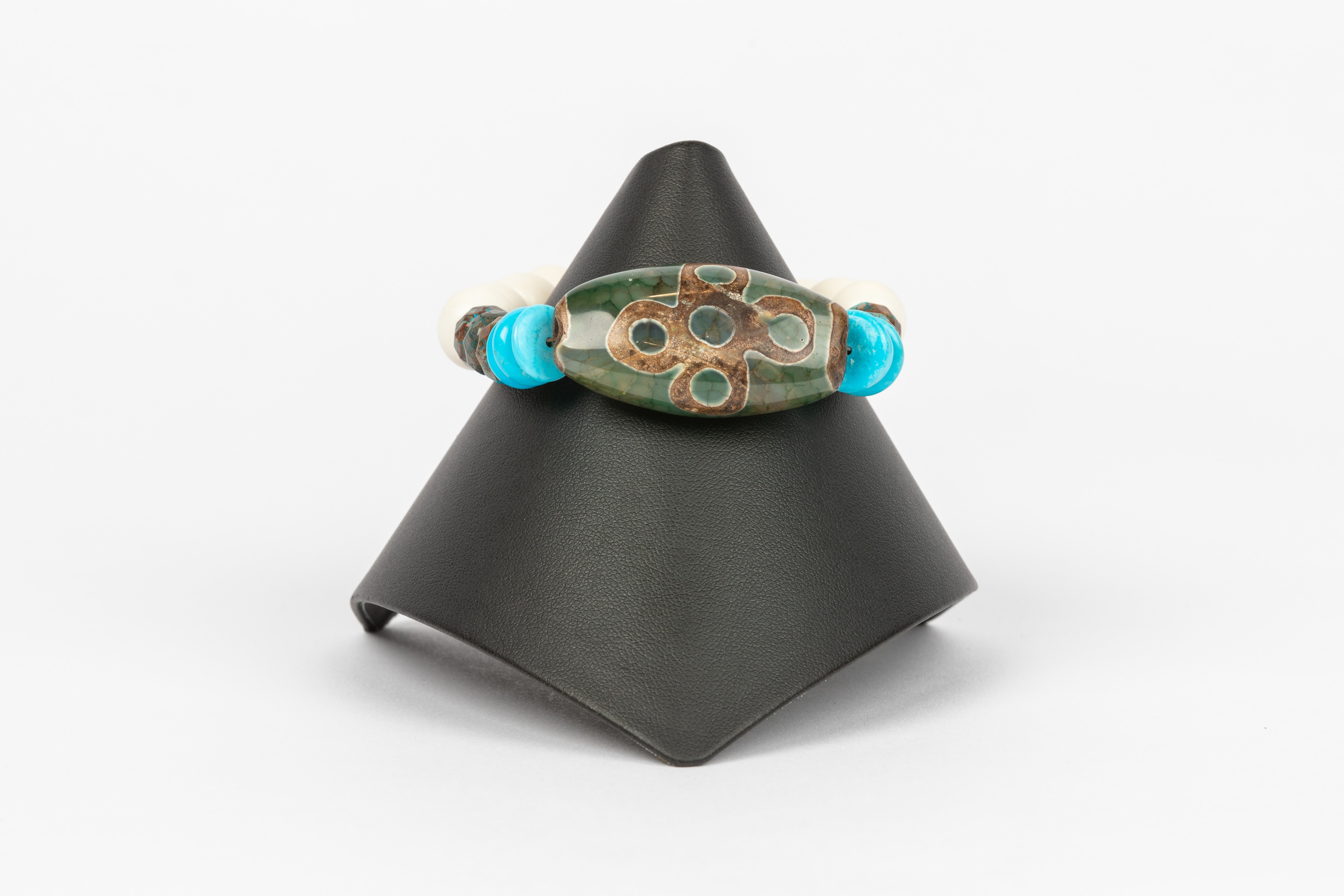 Carved Jade , Turquoise , and Bone Bracelet